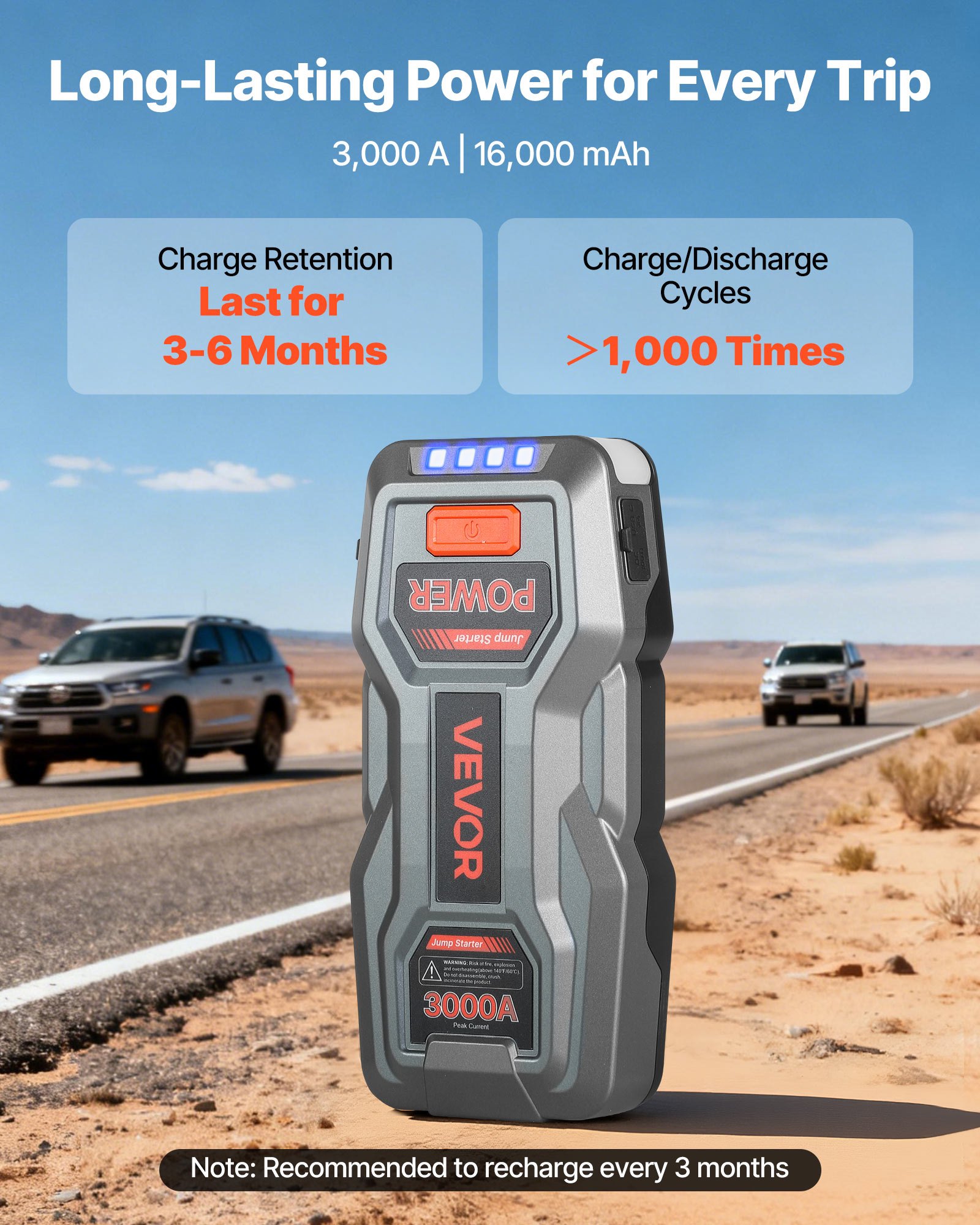 VEVOR Power Bank, urządzenie rozruchowe o szczytowym natężeniu prądu 3000 A z latarką LED i kablem do silników benzynowych o pojemności do 9 l/diesla o pojemności do 7 l, przenośne urządzenie wspomagające z szybkim ładowaniem i zabezpieczeniem na wypadek sytuacji awaryjnych