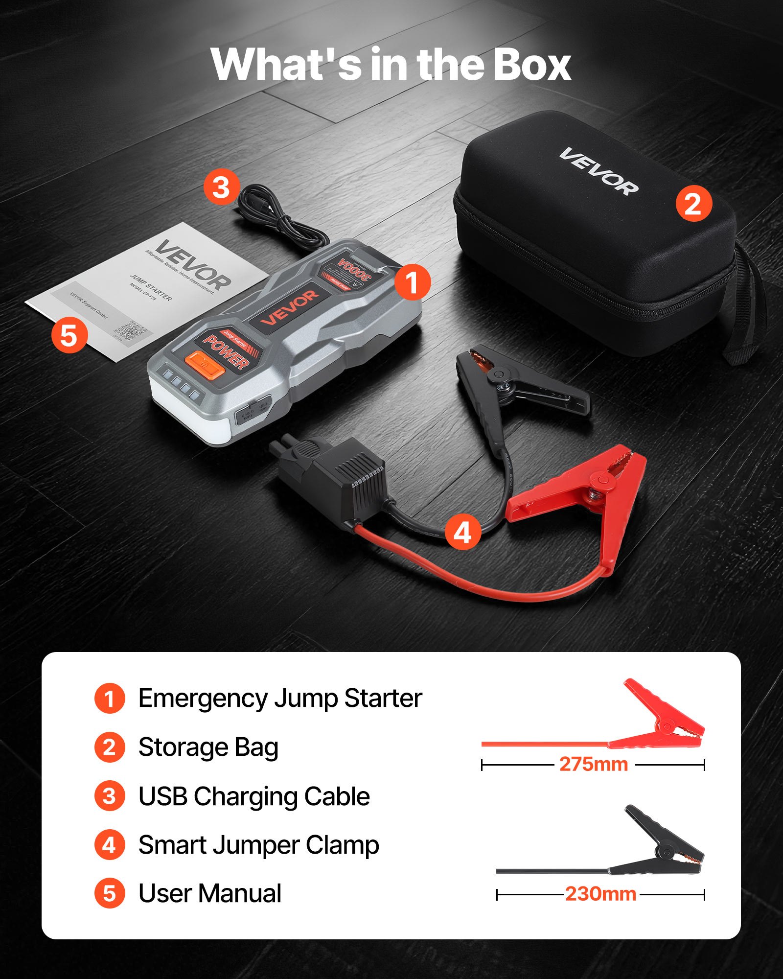 VEVOR Power Bank, urządzenie rozruchowe o szczytowym natężeniu prądu 3000 A z latarką LED i kablem do silników benzynowych o pojemności do 9 l/diesla o pojemności do 7 l, przenośne urządzenie wspomagające z szybkim ładowaniem i zabezpieczeniem na wypadek sytuacji awaryjnych