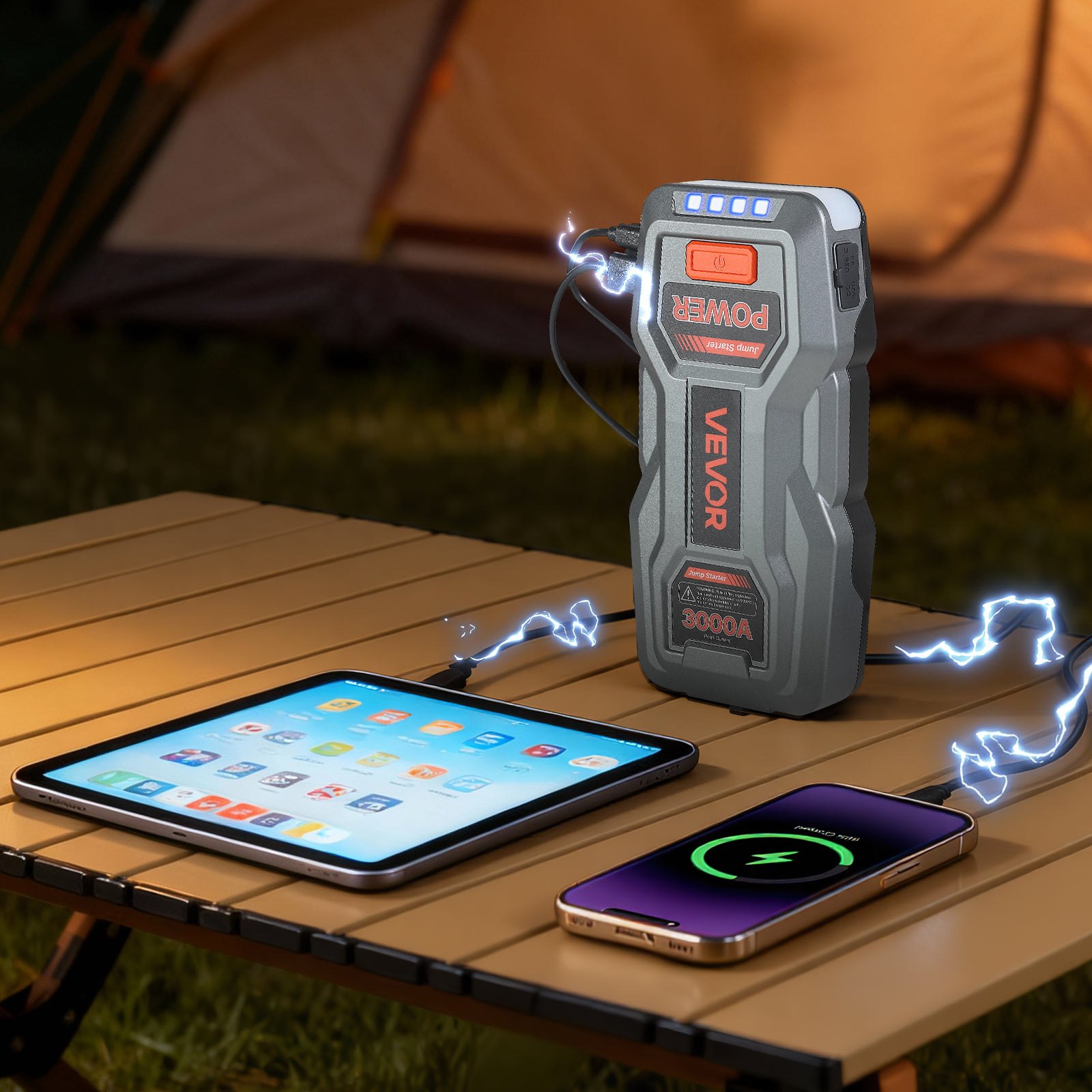 VEVOR Power Bank, urządzenie rozruchowe o szczytowym natężeniu prądu 3000 A z latarką LED i kablem do silników benzynowych o pojemności do 9 l/diesla o pojemności do 7 l, przenośne urządzenie wspomagające z szybkim ładowaniem i zabezpieczeniem na wypadek sytuacji awaryjnych