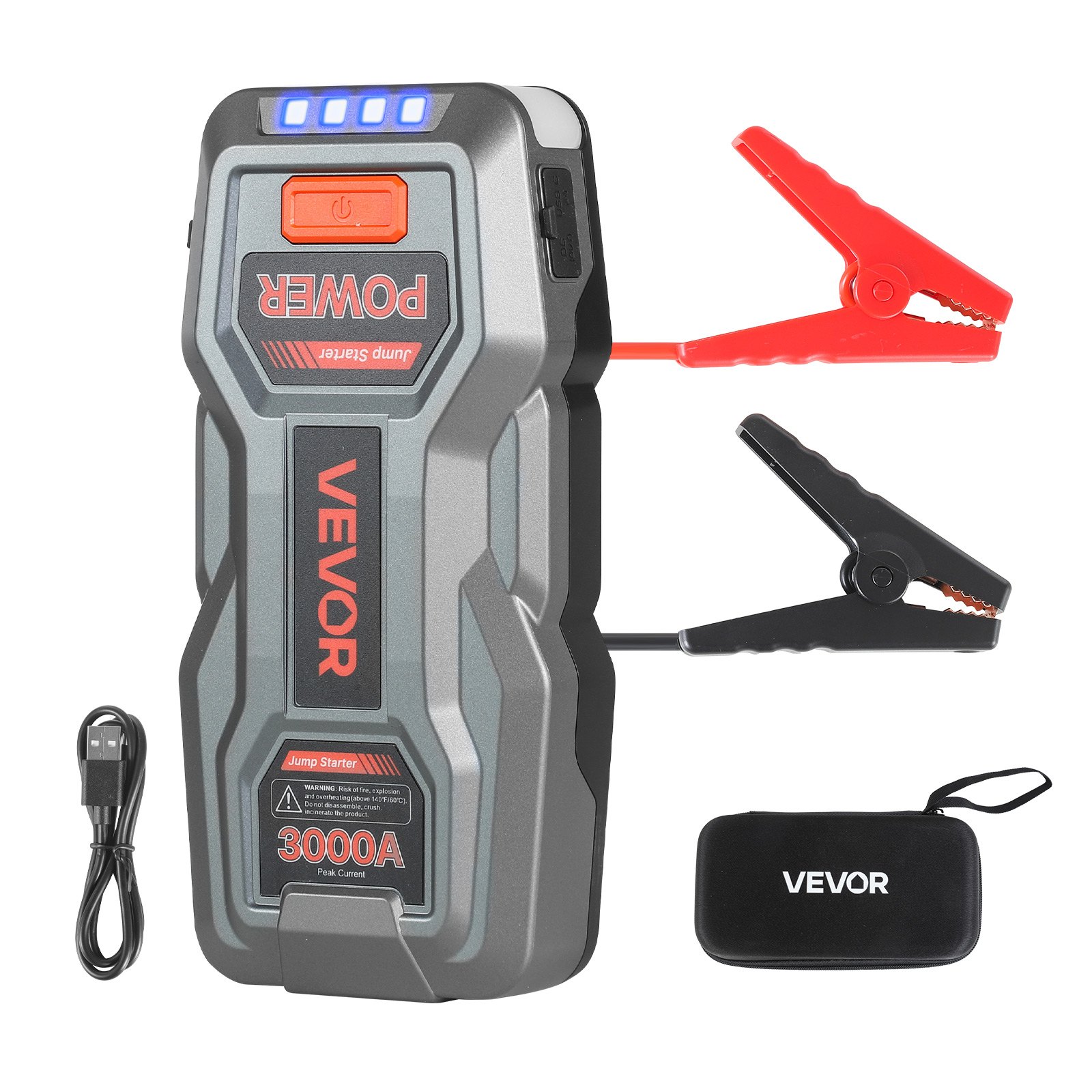 VEVOR Power Bank, urządzenie rozruchowe o szczytowym natężeniu prądu 3000 A z latarką LED i kablem do silników benzynowych o pojemności do 9 l/diesla o pojemności do 7 l, przenośne urządzenie wspomagające z szybkim ładowaniem i zabezpieczeniem na wypadek sytuacji awaryjnych