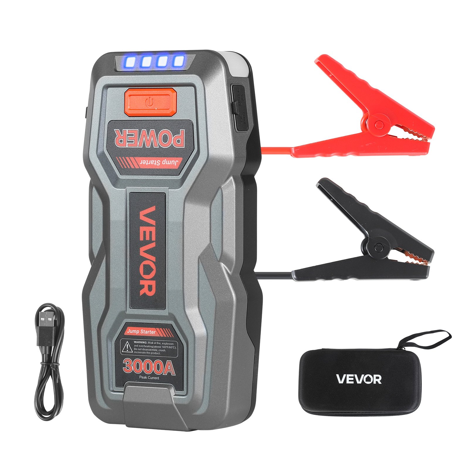VEVOR Power Bank, urządzenie rozruchowe o szczytowym natężeniu prądu 3000 A z latarką LED i kablem do silników benzynowych o pojemności do 9 l/diesla o pojemności do 7 l, przenośne urządzenie wspomagające z szybkim ładowaniem i zabezpieczeniem na wypadek sytuacji awaryjnych