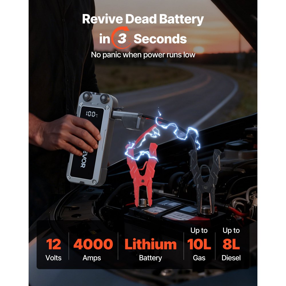 VEVOR Power Bank, urządzenie rozruchowe o szczytowym natężeniu prądu 4000 A z latarką LED i kablem do silników benzynowych o pojemności do 10 l/diesel 8 l, przenośne urządzenie wspomagające z szybkim ładowaniem i zabezpieczeniem na wypadek sytuacji awaryjnych
