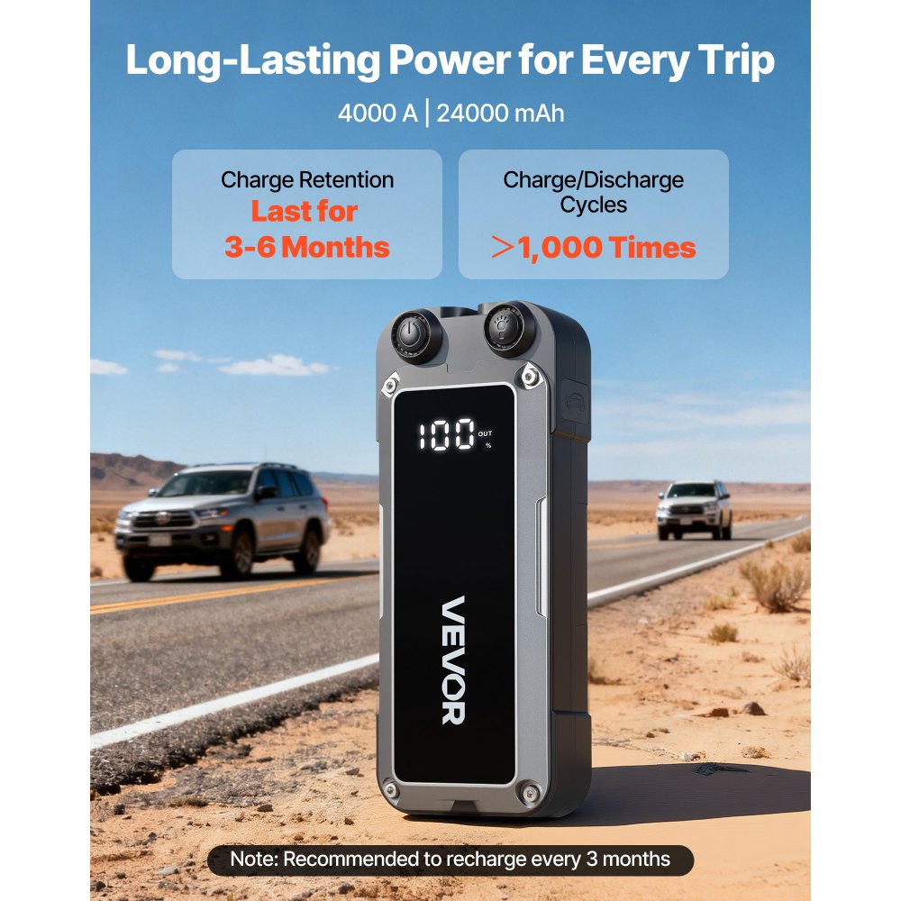VEVOR Power Bank, urządzenie rozruchowe o szczytowym natężeniu prądu 4000 A z latarką LED i kablem do silników benzynowych o pojemności do 10 l/diesel 8 l, przenośne urządzenie wspomagające z szybkim ładowaniem i zabezpieczeniem na wypadek sytuacji awaryjnych