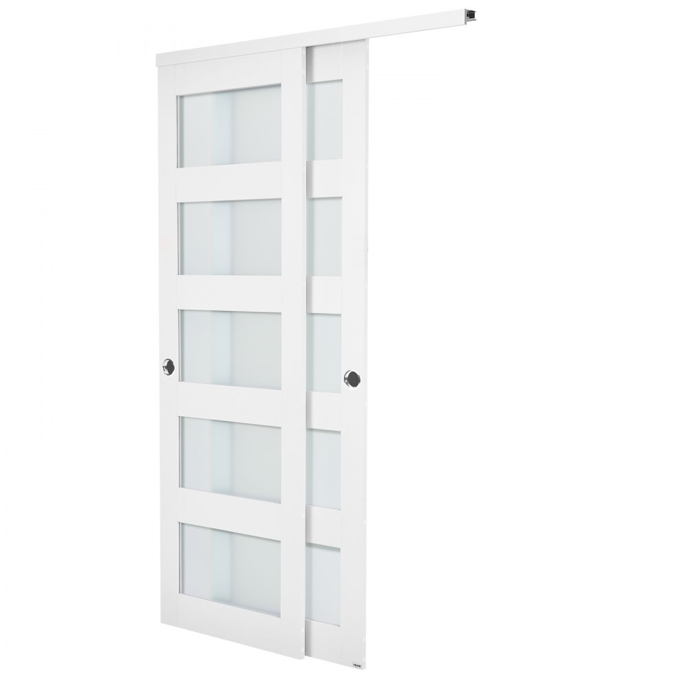 Drzwi przesuwne VEVOR 1219 mm x 2032 mm (pasujące do otworu), drzwi przesuwne z matowym szkłem, z zestawem montażowym, lite drewno i płyta MDF z wodoodporną powierzchnią z PVC do szafek, białe