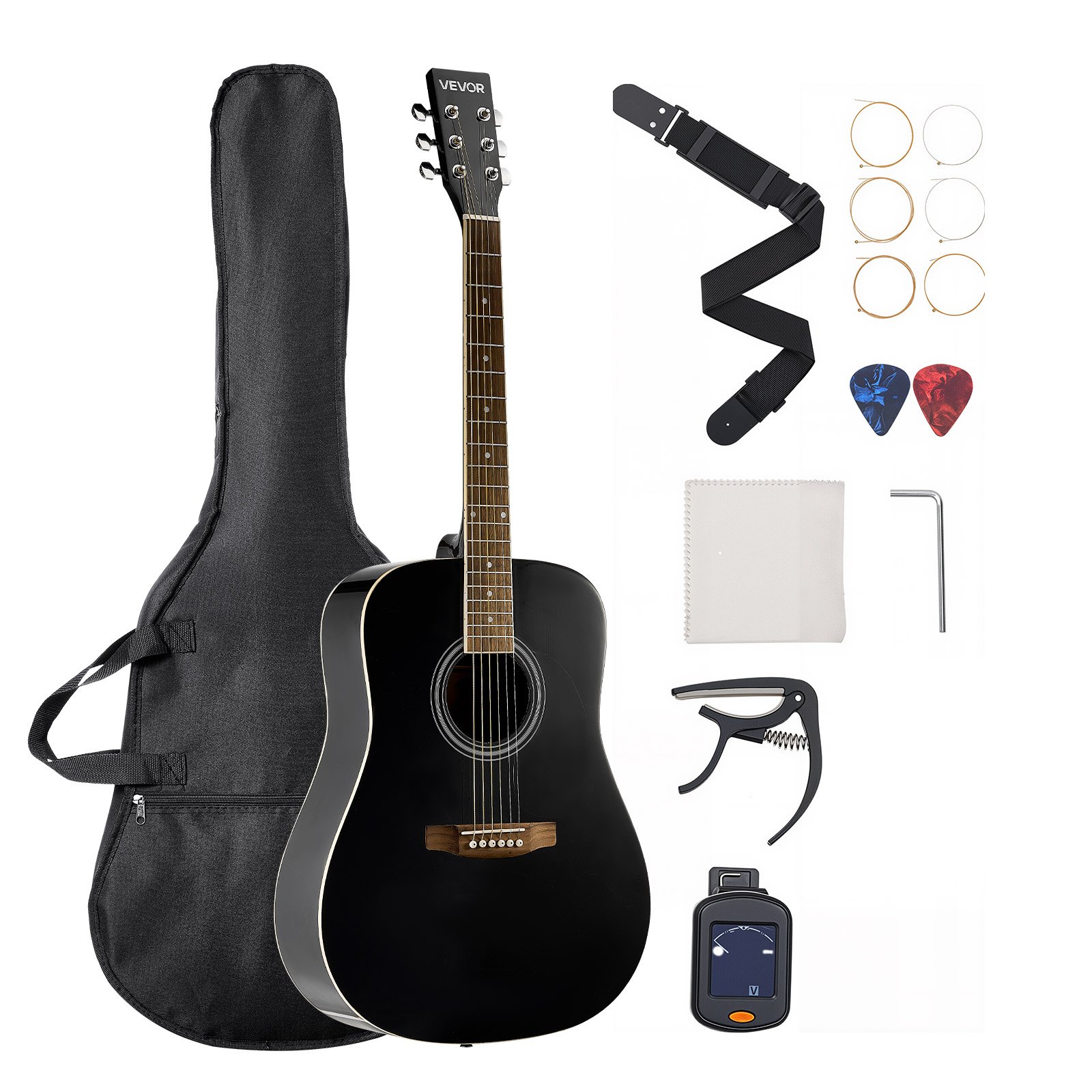 VEVOR Dreadnought Acoustic Guitar, 1041.4 mm, 6-String Black Solid Spruce Top Guitar, Beginner Bundle with Gig Bag, Tuner, Strap, Strings, Picks, Capo, Rosewood Fingerboard, for Adult Taller Player