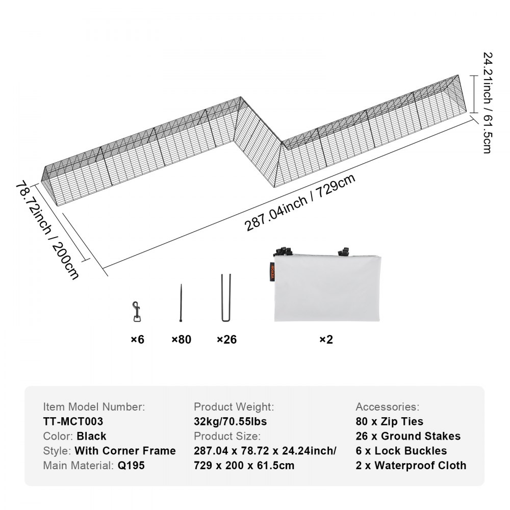 Tunel dla kur VEVOR, 729 x 200 x 61,5 cm, kurnik do ogrodu, przenośny wybieg zewnętrzny z ramą narożną, 2 zestawy, odpowiedni dla kur, kaczek i królików