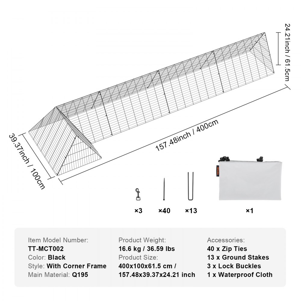Tunel dla kur VEVOR, 400 x 100 x 61,5 cm (dł. x szer. x wys.) Klatka dla kur do ogrodu, przenośne tunele dla kur na zewnątrz z ramą narożną, wybieg dla kur, odpowiedni dla kur, kaczek, królików