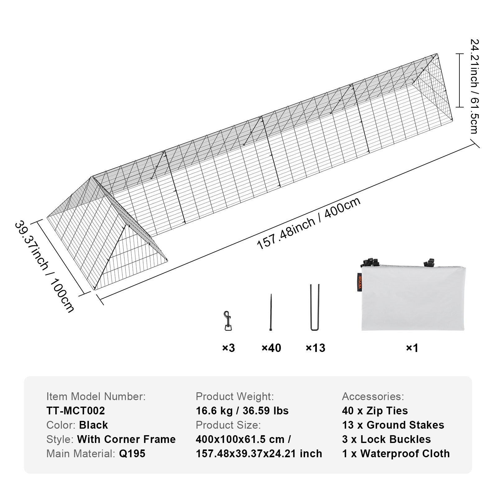 VEVOR Chicken Tunnel, 400 x 100 x 61.5 cm (L x W x H) Chicken Cage for the Yard, Portable Outdoor Chicken Tunnel with Corner Frame, Chicken Coop Run, Suitable for Chickens, Ducks, Rabbits