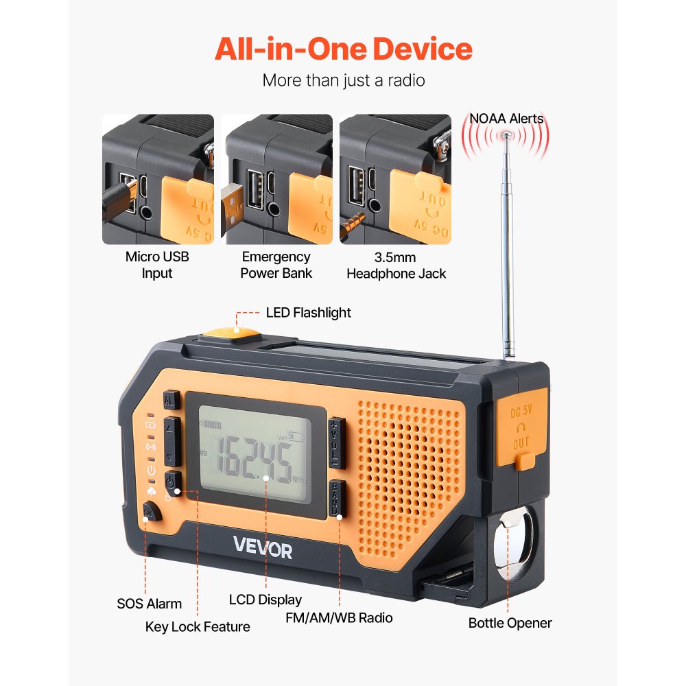 Radio pogodowe awaryjne VEVOR, radio korbkowe, bateria 2000 mAh, alarm FM/AM/WB/NOAA, radio awaryjne zasilane energią słoneczną z kablem ładującym USB, alarm SOS i latarka, SOS na kemping, awaryjne ładowanie smartfona, kolor żółty
