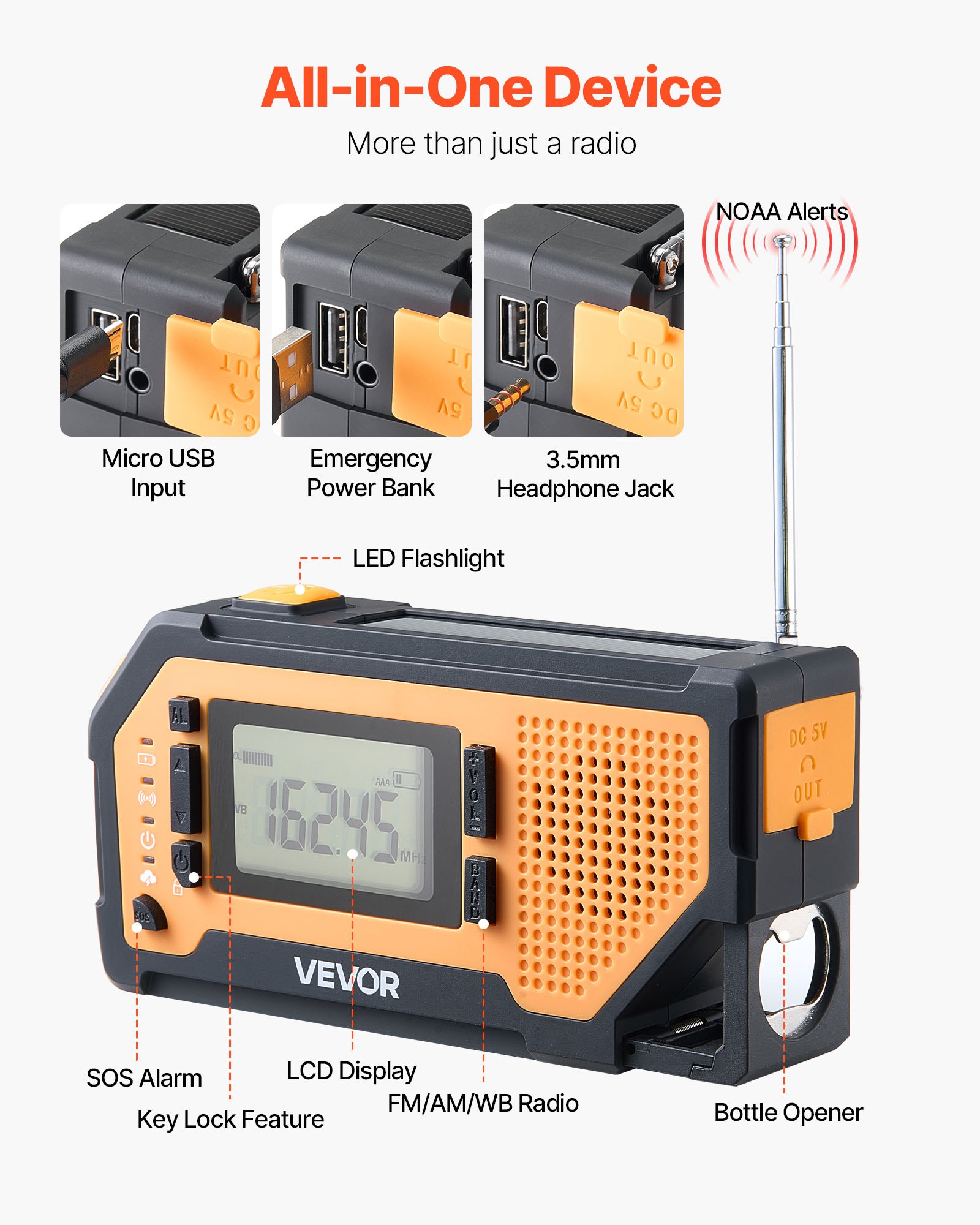 Radio pogodowe awaryjne VEVOR, radio korbkowe, bateria 2000 mAh, alarm FM/AM/WB/NOAA, radio awaryjne zasilane energią słoneczną z kablem ładującym USB, alarm SOS i latarka, SOS na kemping, awaryjne ładowanie smartfona, kolor żółty