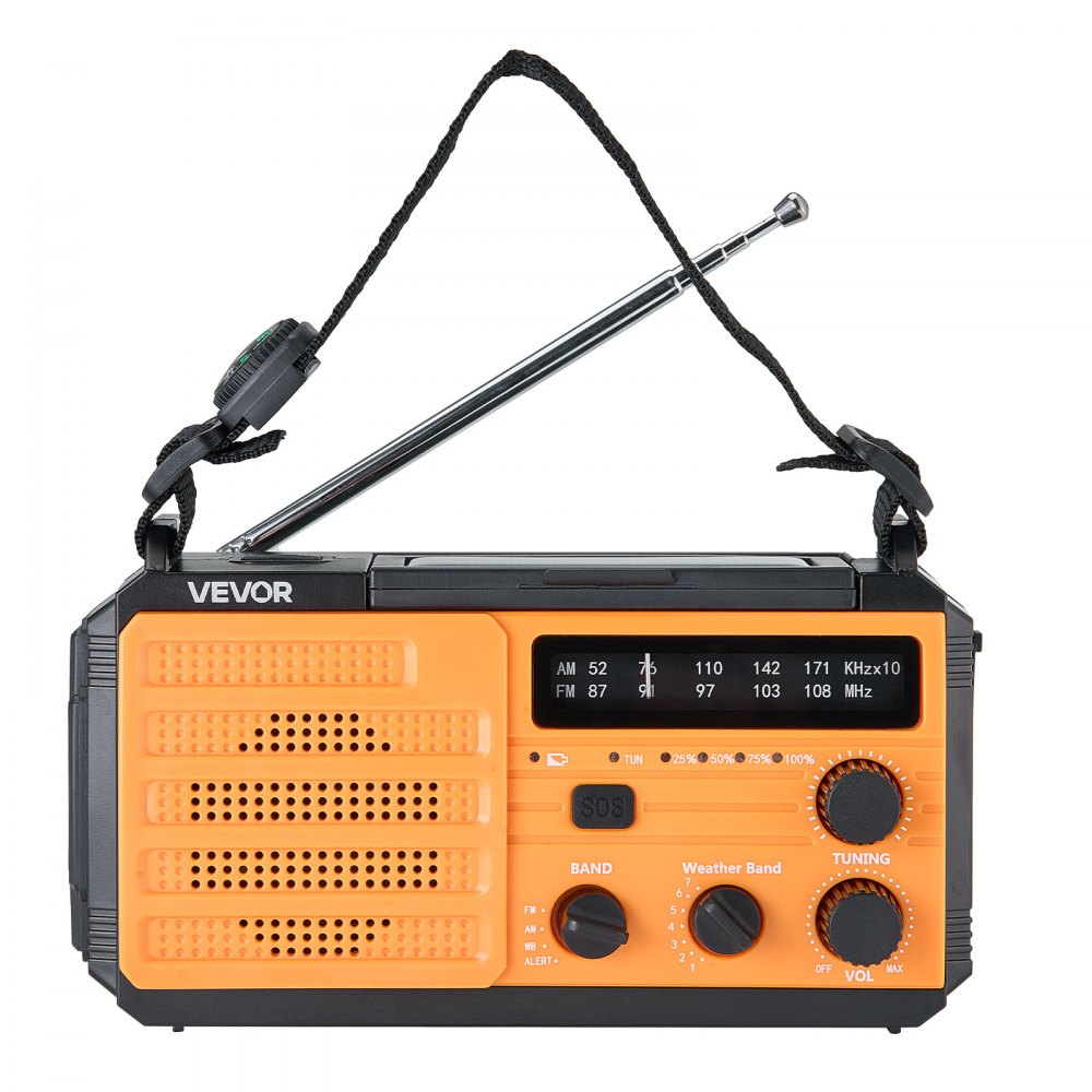 Radio pogodowe VEVOR, radio korbkowe, bateria 8000 mAh, alarm FM/AM/WB/NOAA, radio awaryjne zasilane energią słoneczną z kablem USB do ładowania, alarm SOS i latarka, SOS na kemping, awaryjne ładowanie smartfona, kolor żółty