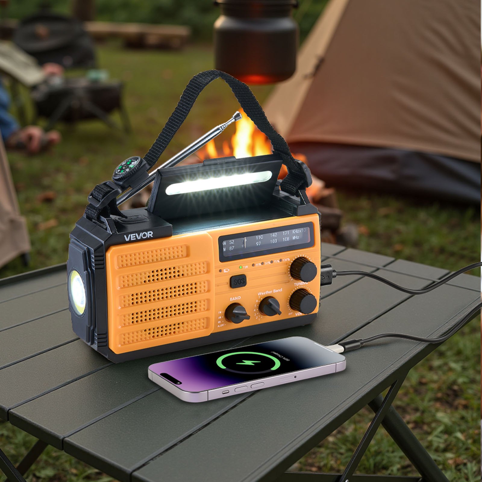 Radio pogodowe VEVOR, radio korbkowe, bateria 8000 mAh, alarm FM/AM/WB/NOAA, radio awaryjne zasilane energią słoneczną z kablem USB do ładowania, alarm SOS i latarka, SOS na kemping, awaryjne ładowanie smartfona, kolor żółty