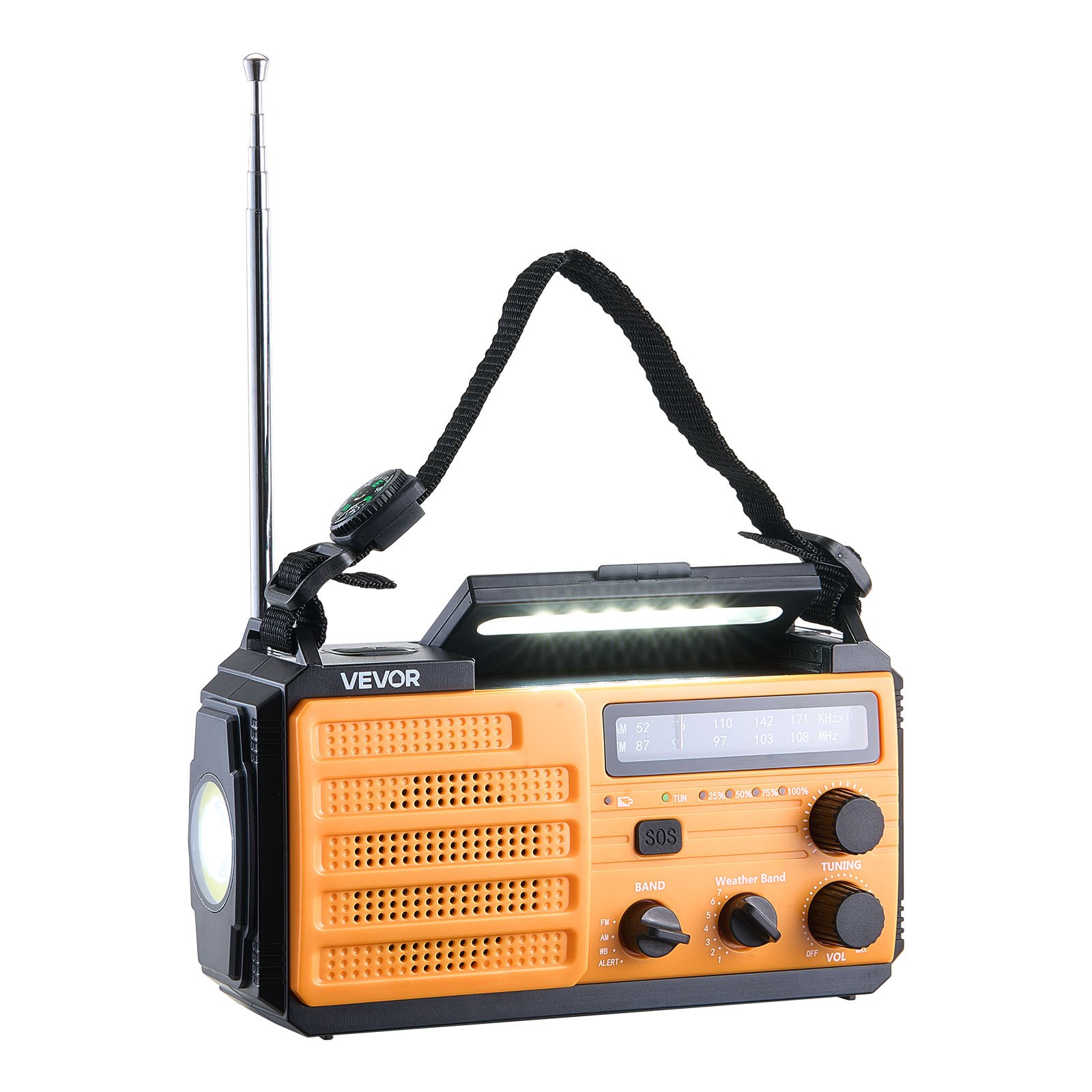 Radio pogodowe VEVOR, radio korbkowe, bateria 8000 mAh, alarm FM/AM/WB/NOAA, radio awaryjne zasilane energią słoneczną z kablem USB do ładowania, alarm SOS i latarka, SOS na kemping, awaryjne ładowanie smartfona, kolor żółty