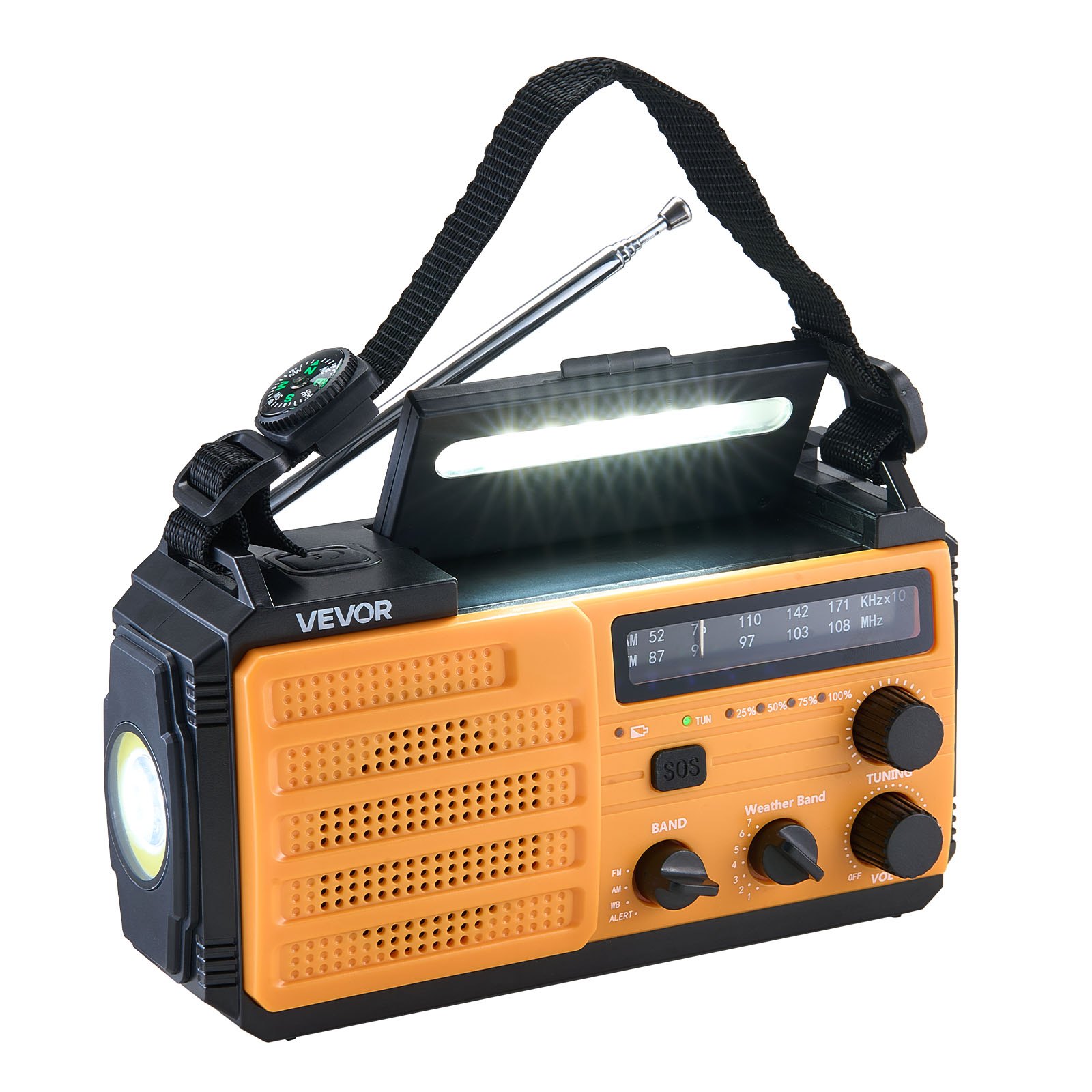 Radio pogodowe VEVOR, radio korbkowe, bateria 8000 mAh, alarm FM/AM/WB/NOAA, radio awaryjne zasilane energią słoneczną z kablem USB do ładowania, alarm SOS i latarka, SOS na kemping, awaryjne ładowanie smartfona, kolor żółty