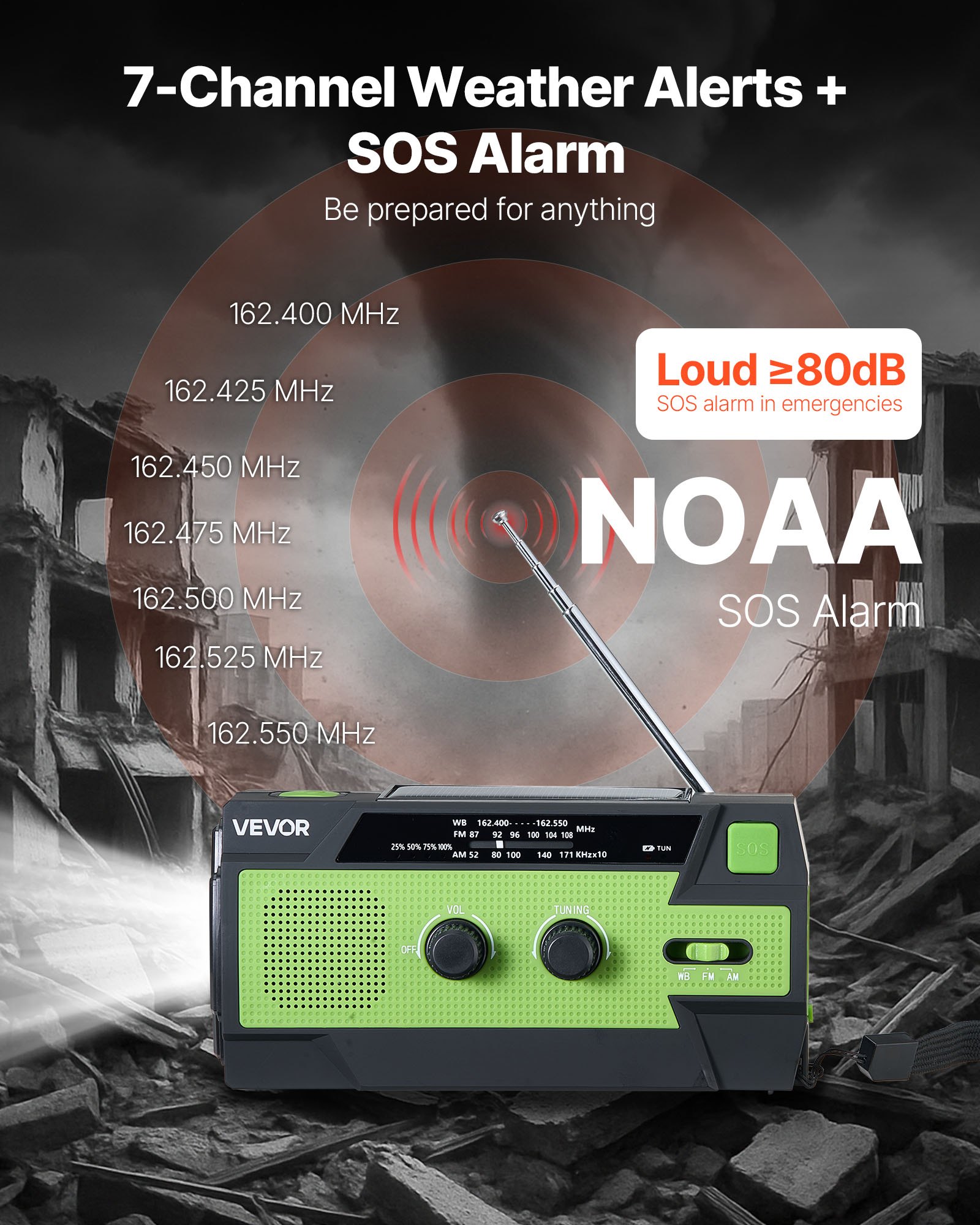 Radio pogodowe awaryjne VEVOR, radio korbkowe, bateria 4000 mAh, alarm FM/AM/WB/NOAA, radio awaryjne zasilane energią słoneczną z kablem ładującym USB, alarm SOS i latarka, SOS na kemping, awaryjne ładowanie smartfona, kolor zielony