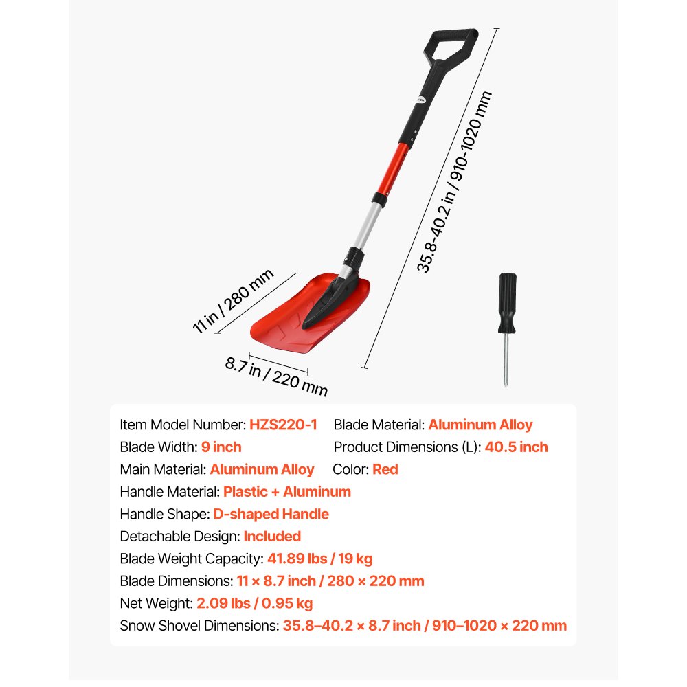 VEVOR Snow Shovel for Driveway, 22cm Foldable Snow Shovel with D-shaped Handle, , 36-40 in Adjustable, Lightweight Aluminum Alloy Snows Removal Tool, Reduce Back Strains for Garden Car Camping
