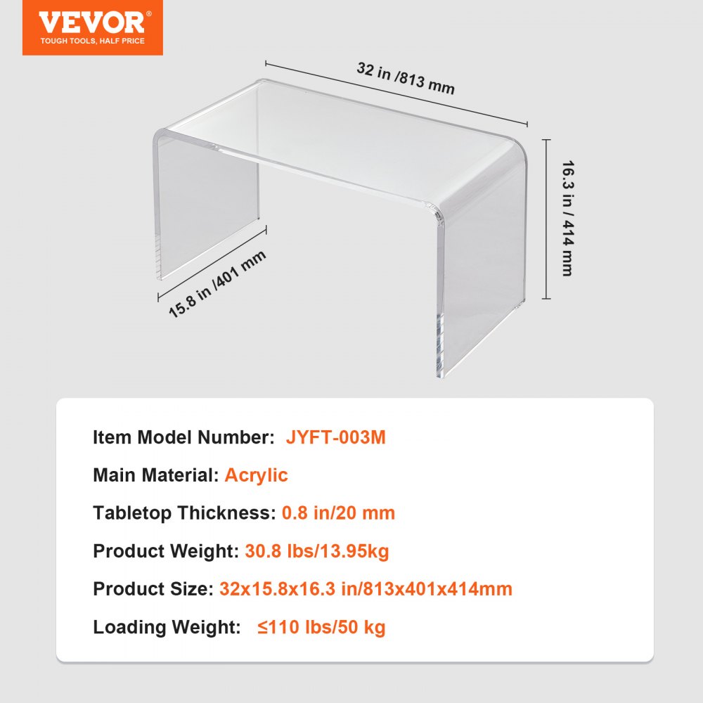 VEVOR Side Table 813 x 401 x 414 mm, U-shaped Acrylic Side Table, Transparent Coffee Table for Drinks, Food, Snacks, Used in Living Room, Bedroom, Study etc.