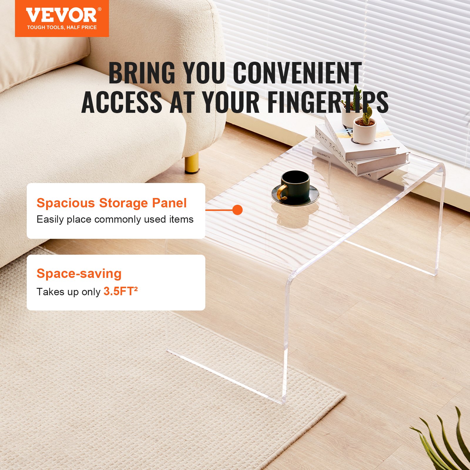 VEVOR Side Table 813 x 401 x 414 mm, U-shaped Acrylic Side Table, Transparent Coffee Table for Drinks, Food, Snacks, Used in Living Room, Bedroom, Study etc.
