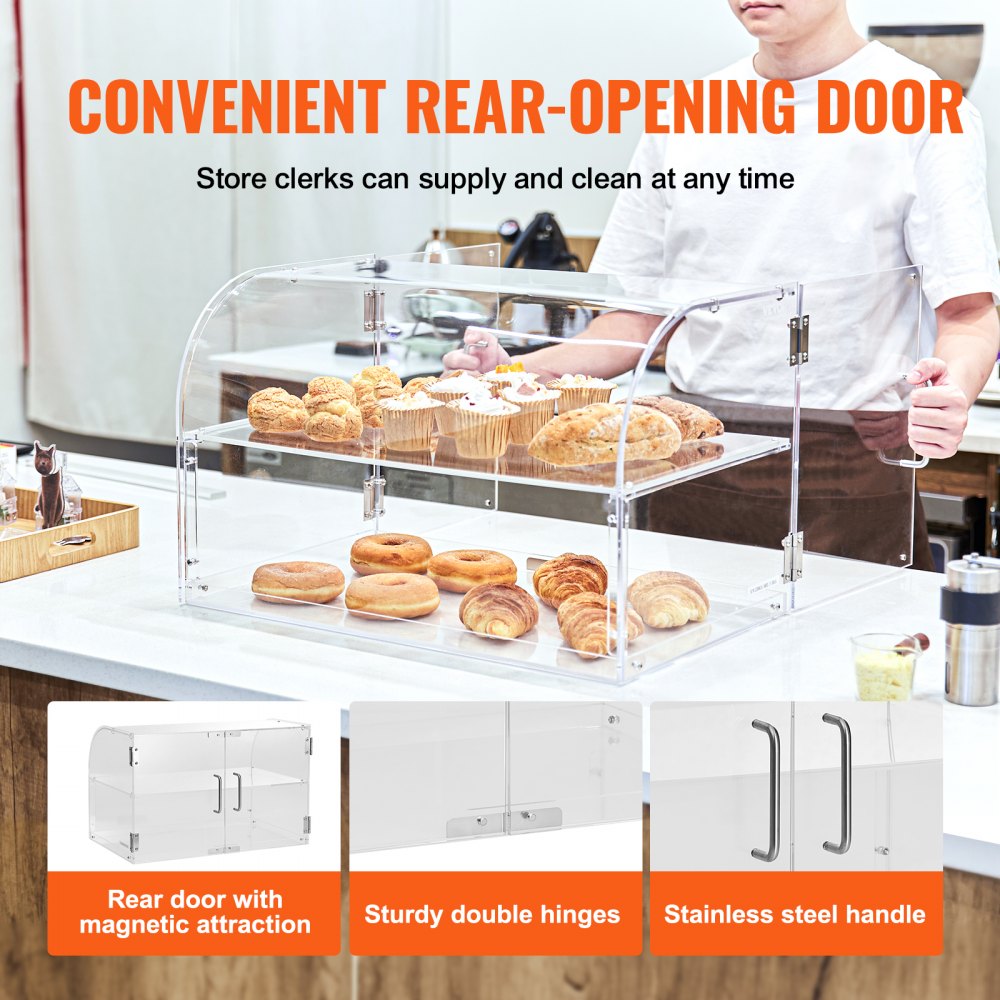 VEVOR 2-tier pastry display case, commercial bakery display case 558 x 356 x 356 mm, acrylic display case with sturdy double hinges, bakery confectionery display case for donut bagels, cakes, cookies, etc.