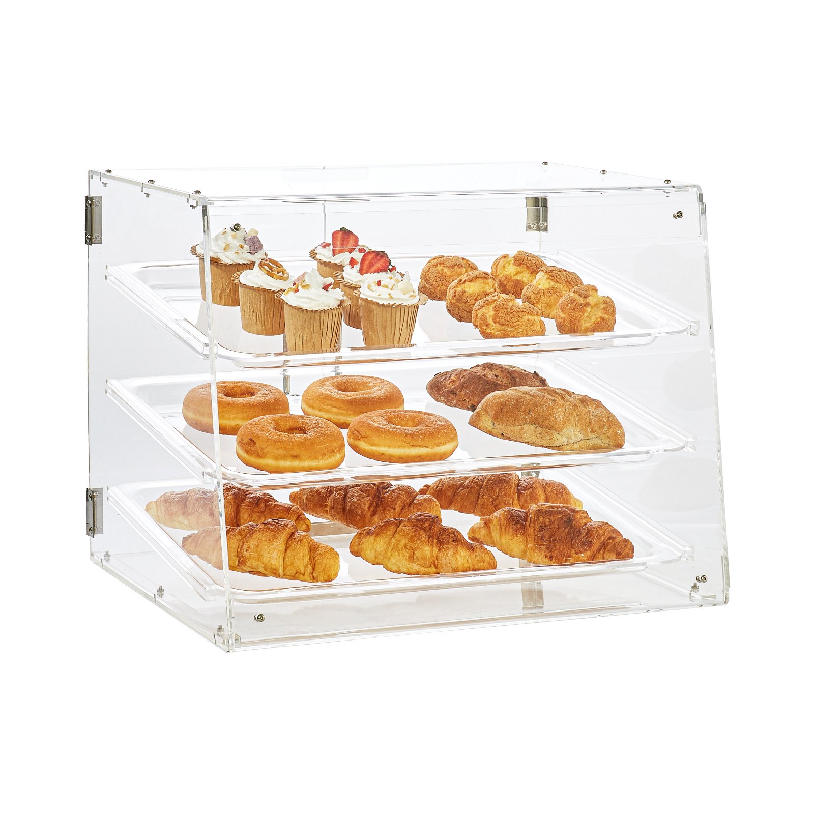 VEVOR 3-Tier Pastry Display Case, Commercial Bakery Display Case 526 x 430 x 415 mm, Bakery Display Case, Acrylic Display Case with Rear Door Access & Removable Shelves, for Donut Bagels, Cakes, Cookies, etc.