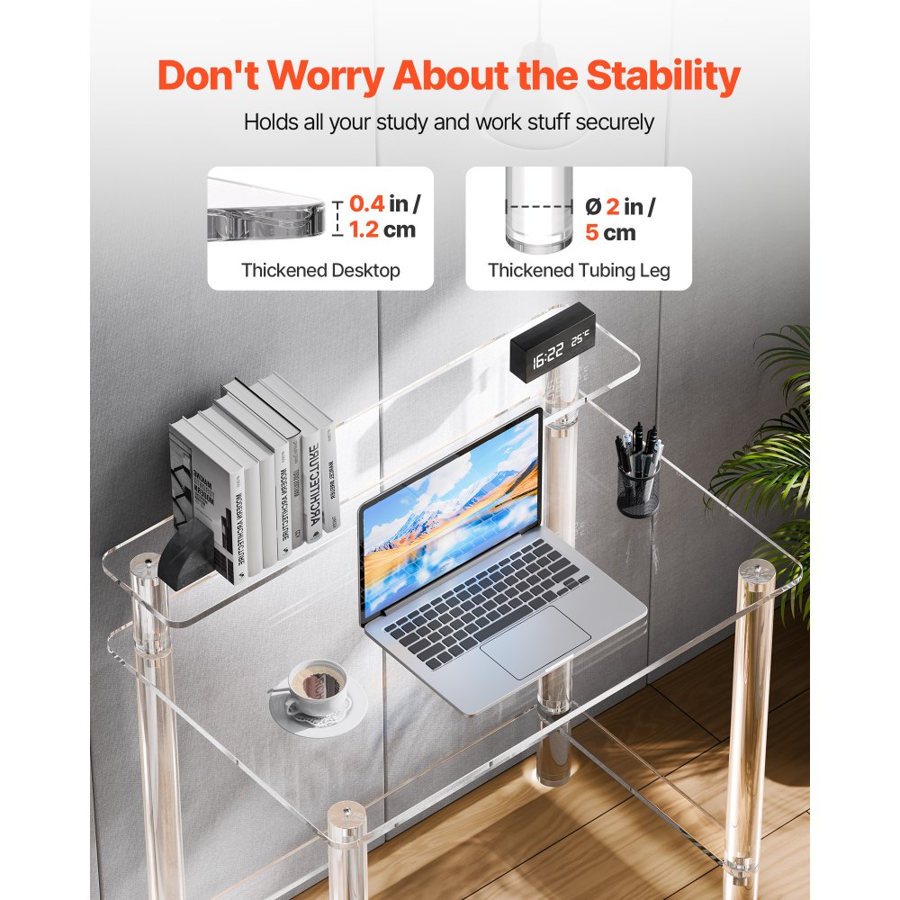 VEVOR Acrylic Table, 2 Tiers Clear Office Desk with Monitor Stand, Acrylic Study Computer Desk, Modern Side End Table Nightstand for Bedroom, Office, Study, Cloakroom, 50 x 80 x 88 cm (Clear)