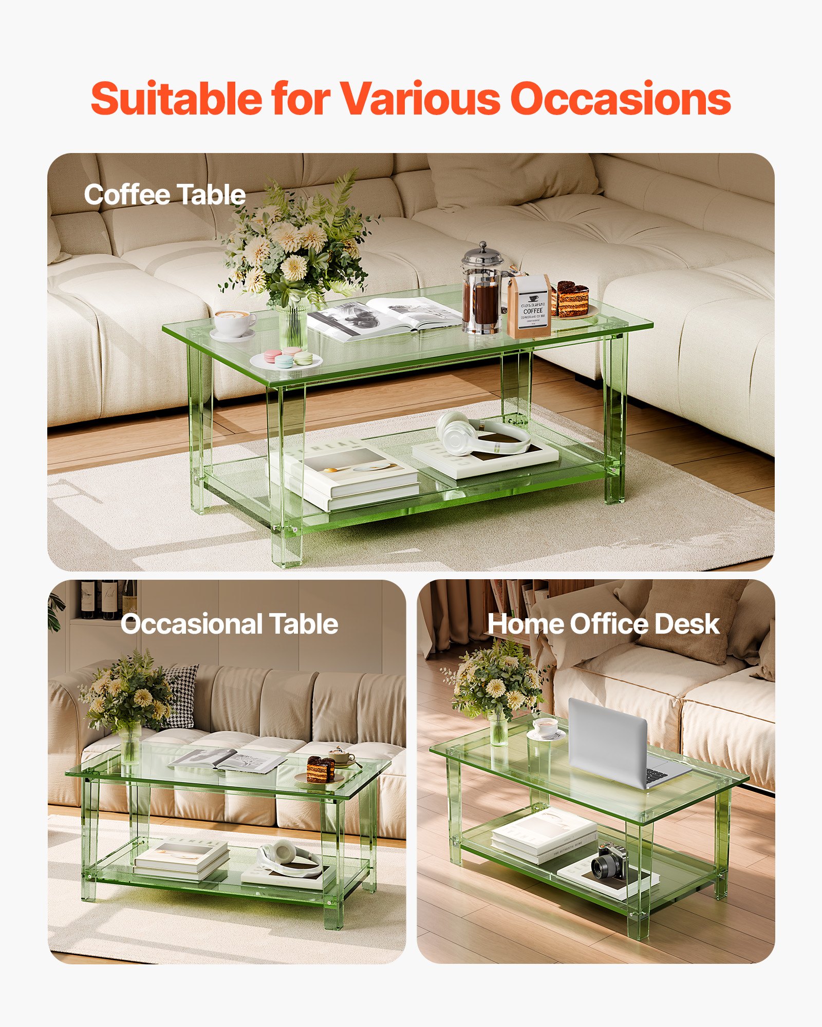 VEVOR Acrylic Coffee Table, 2 Tiers Center Table with Storage Shelf, Modern Rectangle Acrylic Coffee Desk, Ideal for Dining Room, Kitchen Island, Restaurant, Office, 50 x 80 x 40 cm (Green)
