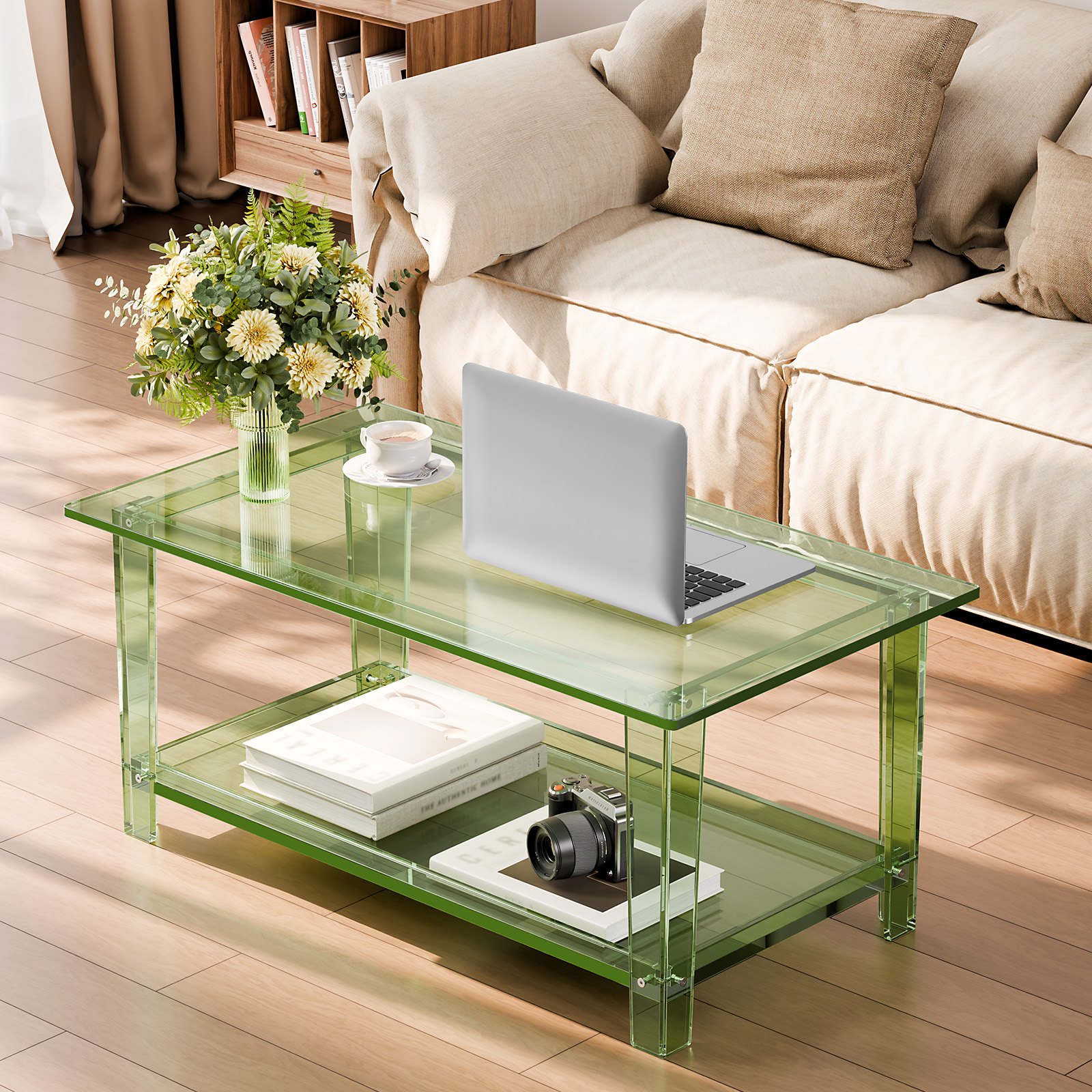 VEVOR Acrylic Coffee Table, 2 Tiers Center Table with Storage Shelf, Modern Rectangle Acrylic Coffee Desk, Ideal for Dining Room, Kitchen Island, Restaurant, Office, 50 x 80 x 40 cm (Green)