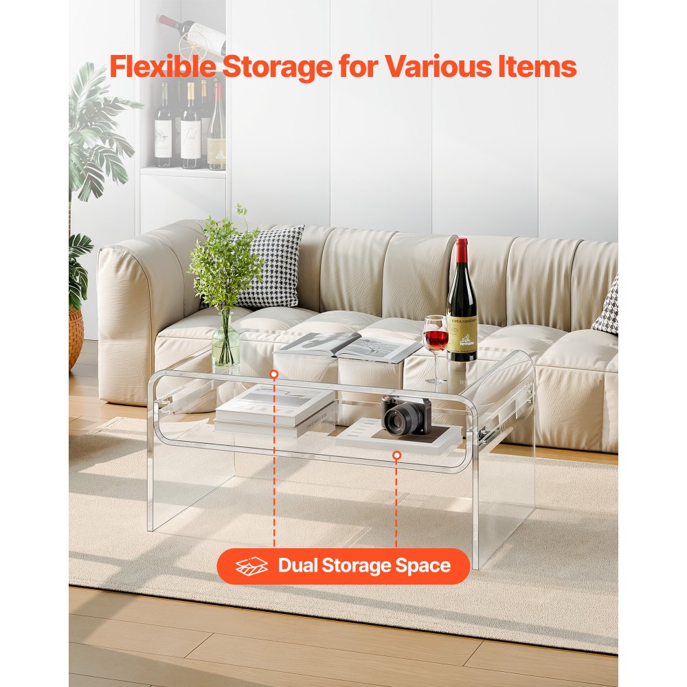 VEVOR Acrylic Coffee Table, 2 Tiers Center Table with Storage Shelf, Modern Rectangle Acrylic Coffee Desk, Ideal for Dining Room, Kitchen Island, Restaurant, Office, 50 x 80 x 38 cm (Clear)
