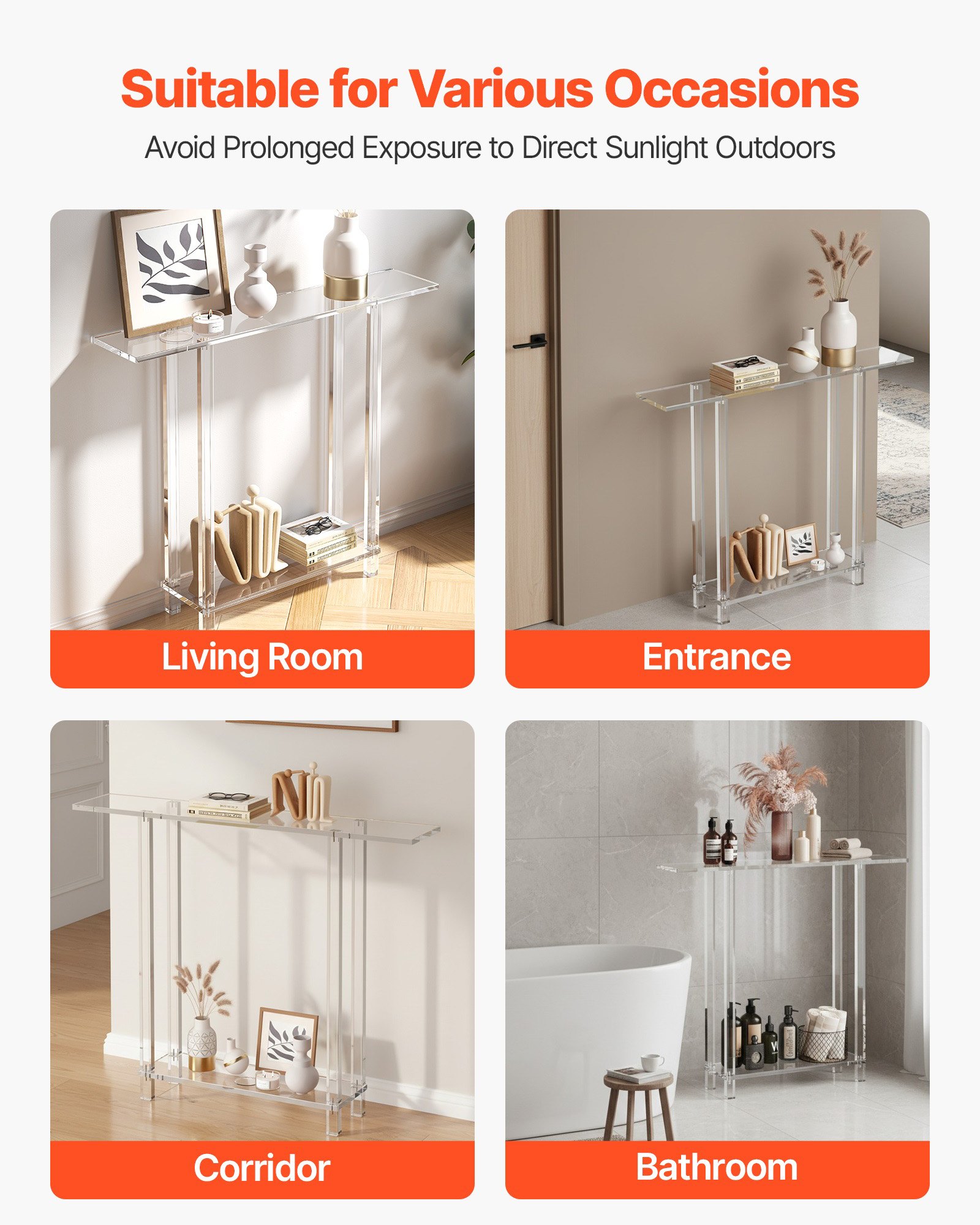 VEVOR Acrylic Console Table, 2 Tiers Narrow Side Desk with Bottom Open Storage, Modern Rectangle Acrylic End Table, Transparent Entry Desk for Foyer, Hallway, Living Room, 19.3 x 100 x 80 cm (Clear)