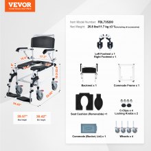Wózek inwalidzki do toalety myjącej VEVOR z 4 blokowanymi kółkami, podnóżkami, składanymi ramionami, 3-stopniową regulacją wysokości, wyjmowanym wiadro 5 litrów, udźwigu 158,8 kg, komodą