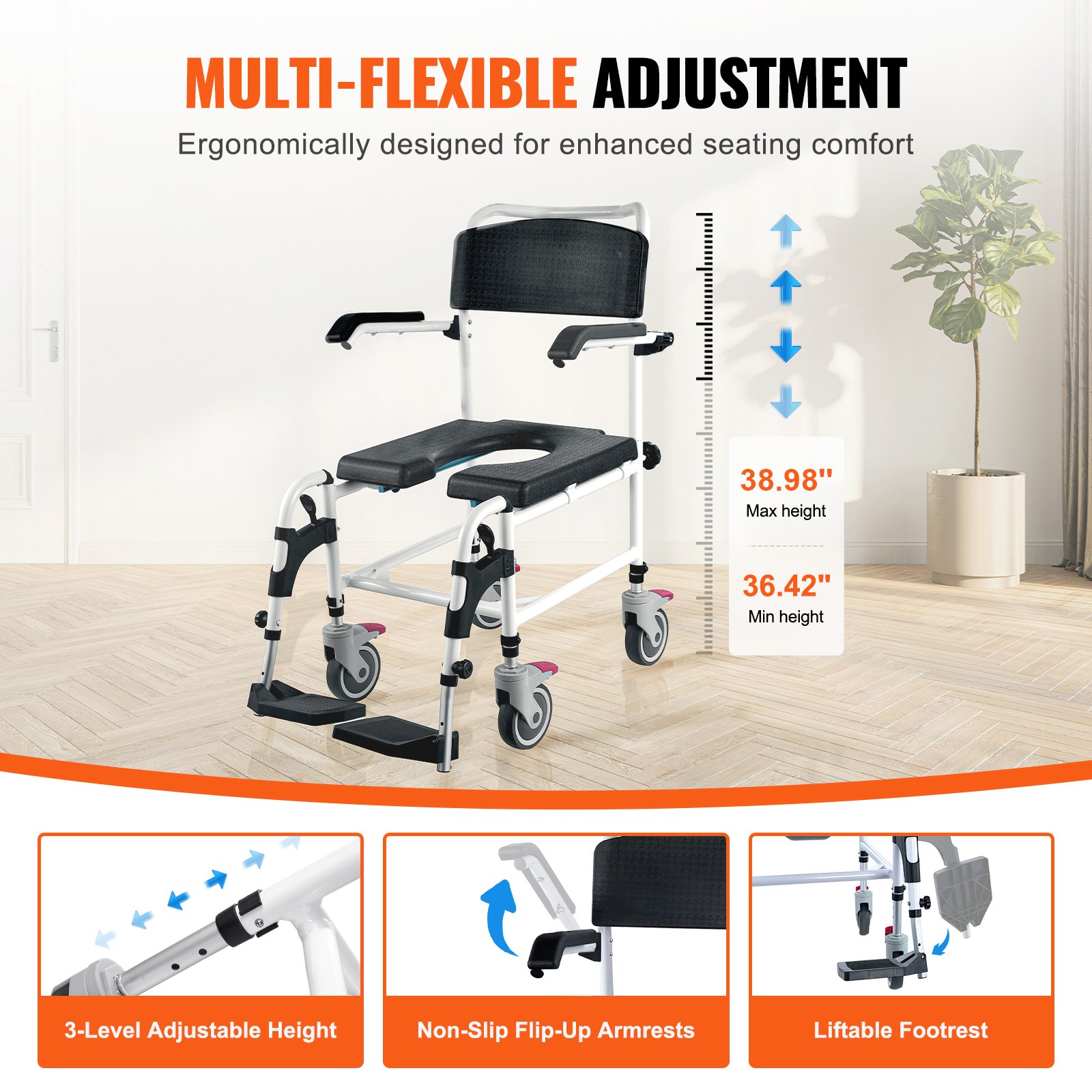 VEVOR Shower Toilet Wheelchair with 4 Lockable Wheels, Footrests, Foldable Arms, 3-Stage Height Adjustable, Removable 5-Liter Bucket, 158.8 kg Capacity, Toilet Chair