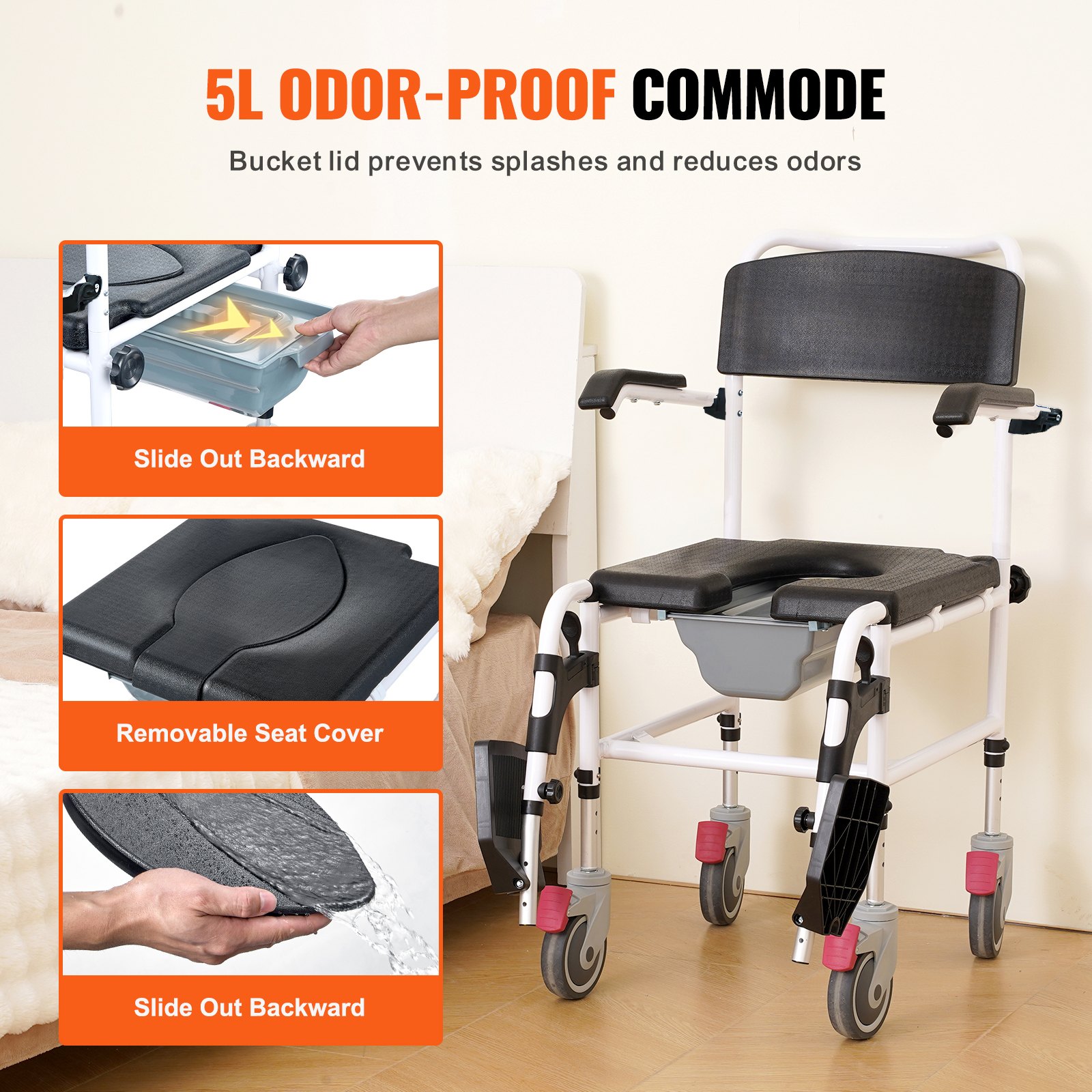 VEVOR Shower Toilet Wheelchair with 4 Lockable Wheels, Footrests, Foldable Arms, 3-Stage Height Adjustable, Removable 5-Liter Bucket, 158.8 kg Capacity, Toilet Chair