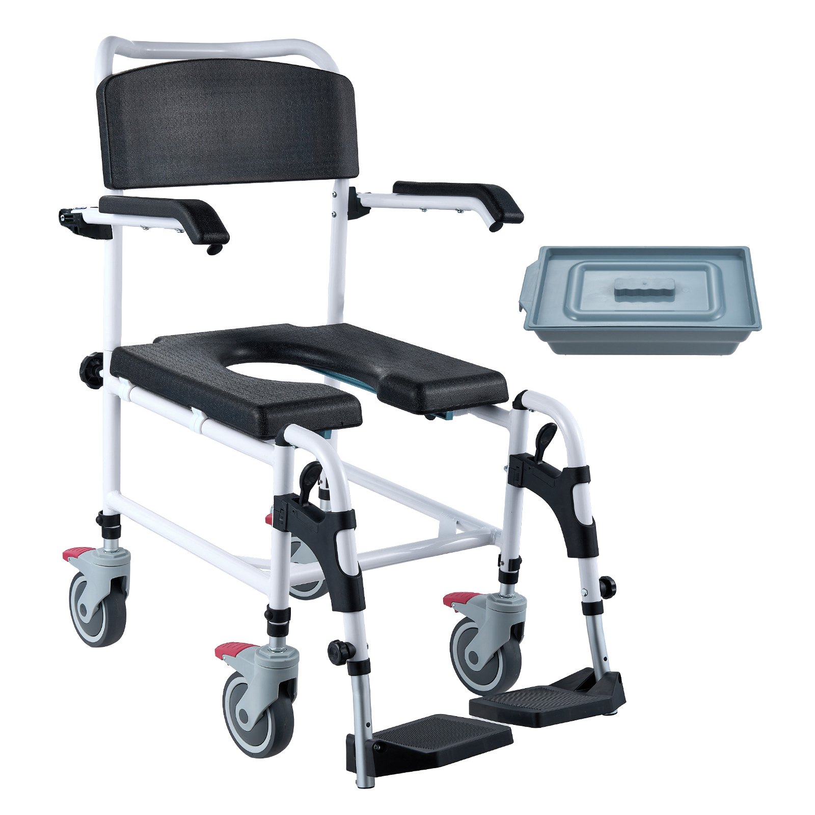 VEVOR Shower Toilet Wheelchair with 4 Lockable Wheels, Footrests, Foldable Arms, 3-Stage Height Adjustable, Removable 5-Liter Bucket, 158.8 kg Capacity, Toilet Chair