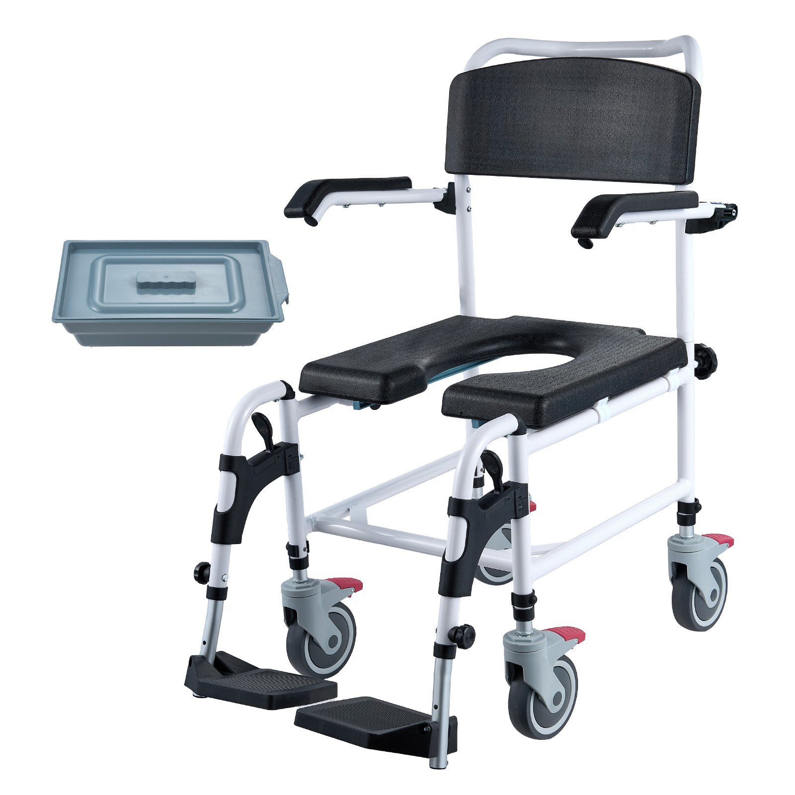VEVOR Shower Toilet Wheelchair with 4 Lockable Wheels, Footrests, Foldable Arms, 3-Stage Height Adjustable, Removable 5-Liter Bucket, 158.8 kg Capacity, Toilet Chair