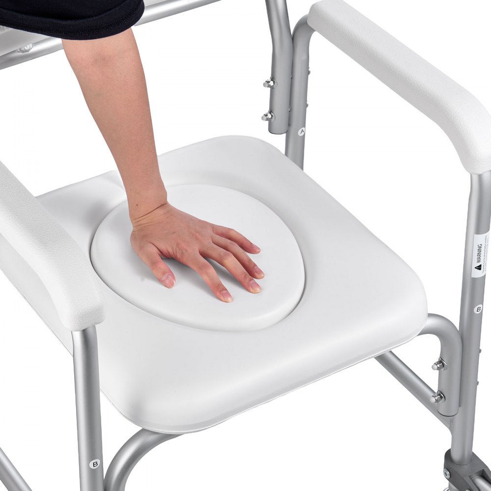 VEVOR Krzesło toaletowe przyłóżkowe, nośność 159 kg, rolowane, podnoszone siedzisko sedesowe z wyściełanym siedziskiem/oparciem/składanym podnóżkiem, wyjmowane wiadro o pojemności 5 l, wózek prysznicowy dla seniorów