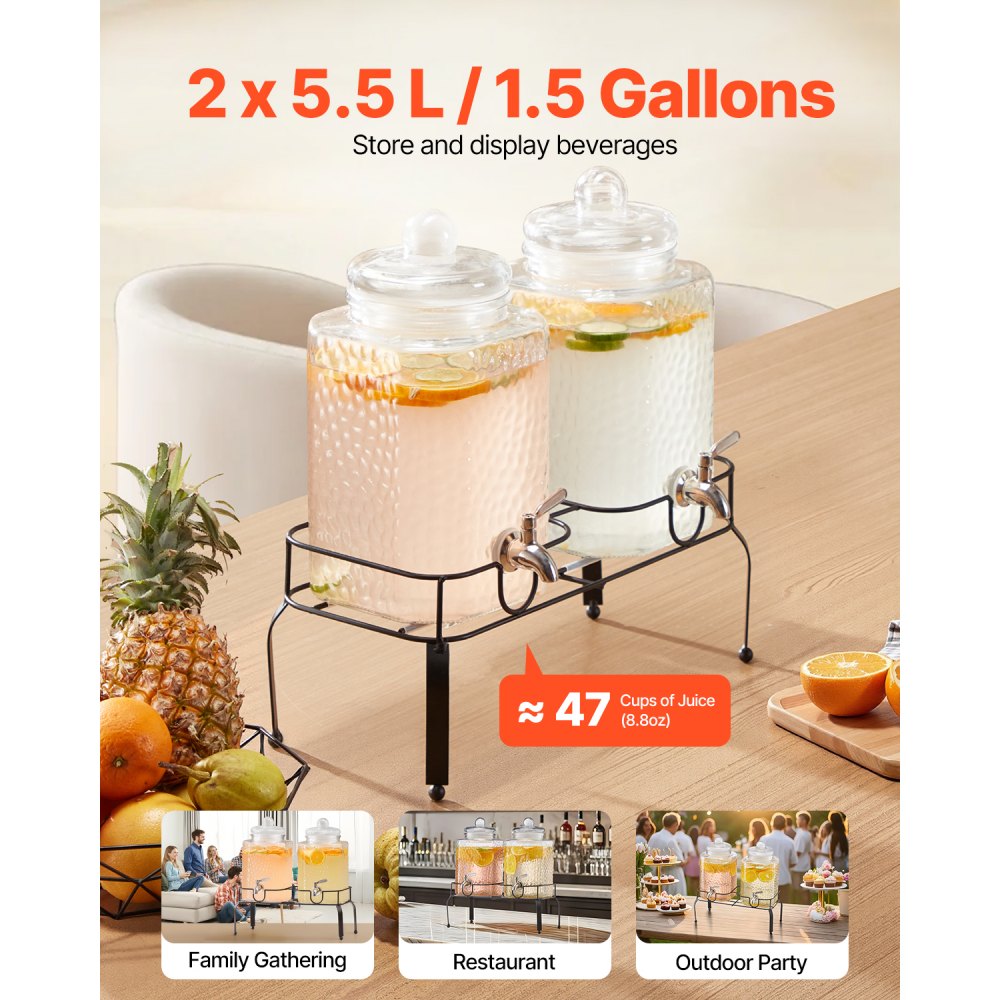 VEVOR Dystrybutor do napojów (2 x 5,5 l) na imprezy Dystrybutor soków (szklany) z kranem zapobiegającym kapaniu i metalową podstawką Dystrybutor wody do restauracji i na imprezy, dystrybutor lemoniady, domowy dystrybutor napojów
