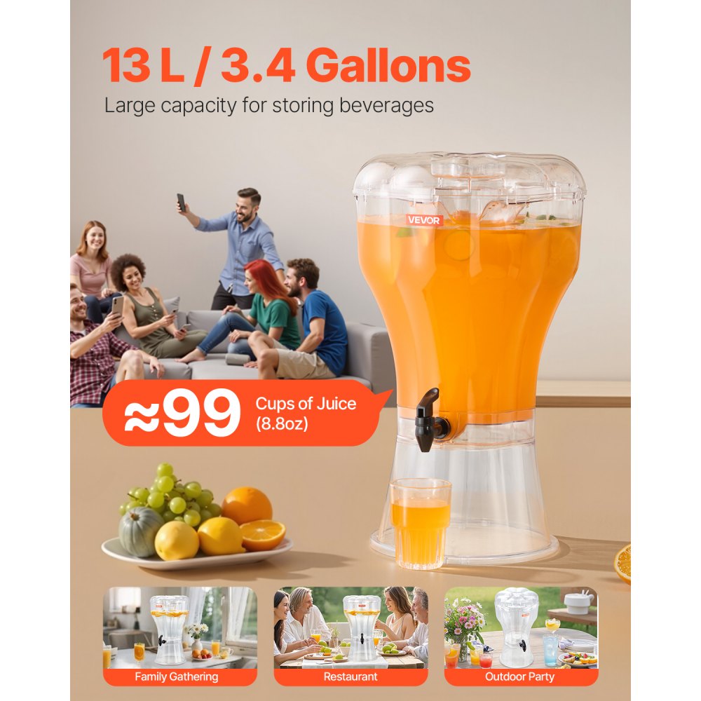 Dystrybutor napojów VEVOR (13 l) na imprezy, plastikowy dozownik soku z wodoszczelnym kranem do restauracji i hoteli, dozownik do lemoniady i mrożonej herbaty, do domowych napojów