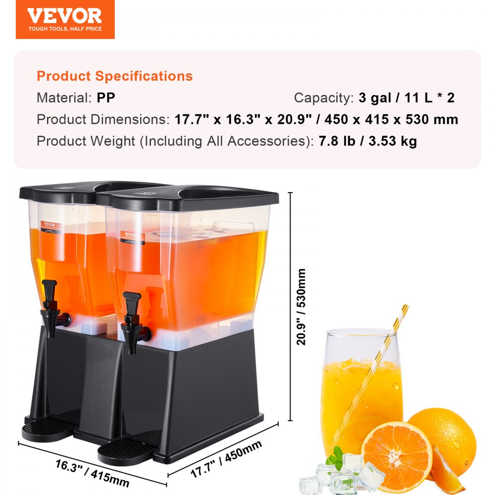 Dystrybutor napojów VEVOR, 11 l x 2, dozowniki napojów na imprezy, plastikowy dozownik soku ze stojącą pokrywką, dozownik wody do mrożonej herbaty, lemoniady, do restauracji, hoteli, na imprezy