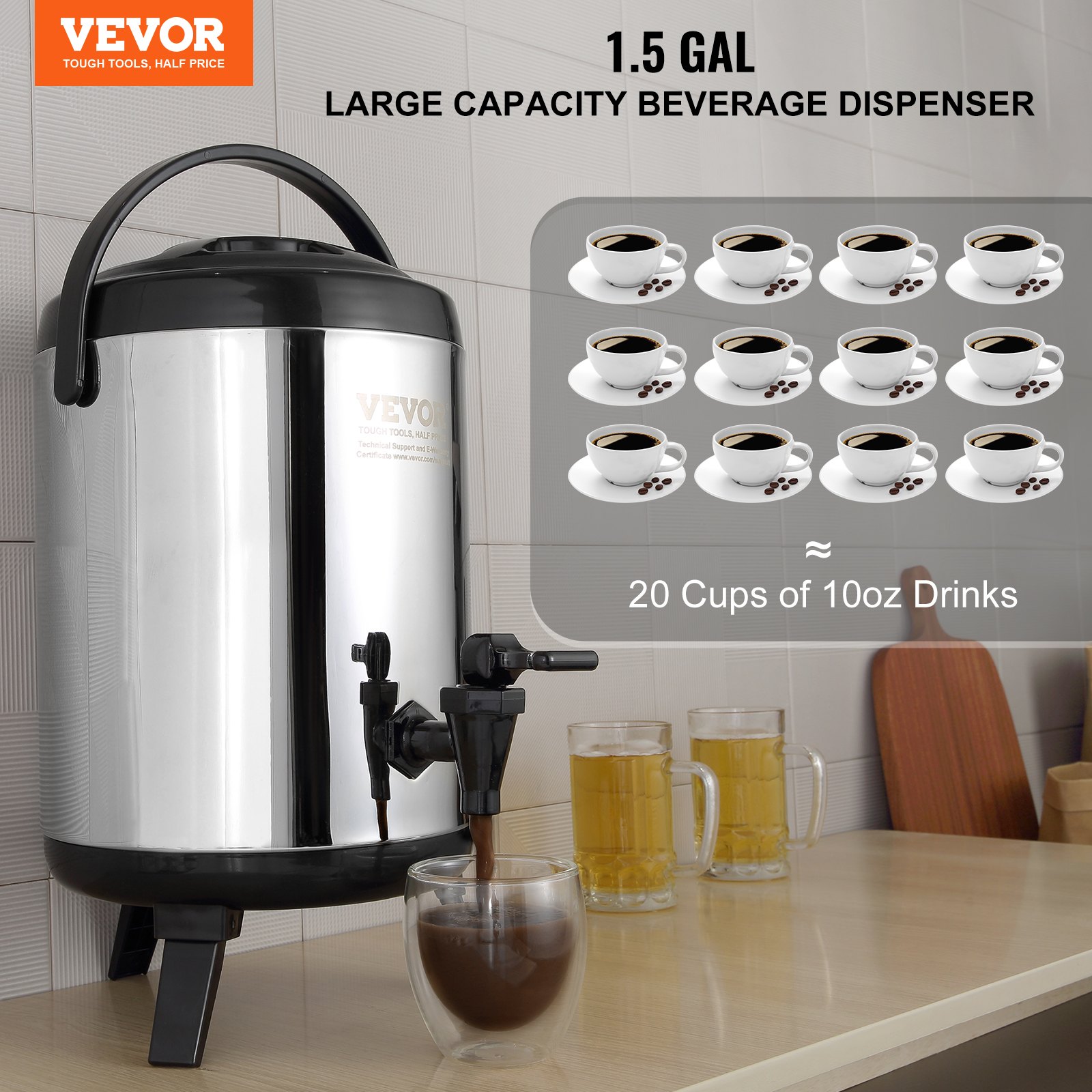 VEVOR Hot and Cold Beverage Dispenser, 6L Stainless Steel Hot and Cold Water Fountain, Large Beverage Dispenser with Tap for Coffee, Cold Milk, Water, Juice, etc. Insulated Carafe, 1-2 People