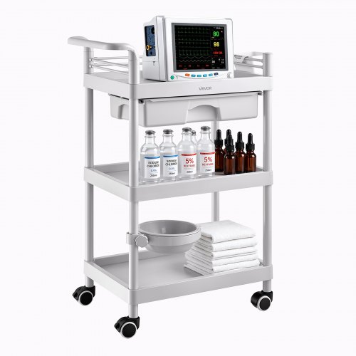 Wózek medyczny VEVOR 50 kg Wózek laboratoryjny Wózek medyczny 60x34x88 cm, wózek transportowy do kliniki, szpitala, salonu kosmetycznego, laboratorium, wózek kosmetyczny z półkami, szufladą, kółkami, tworzywo PP