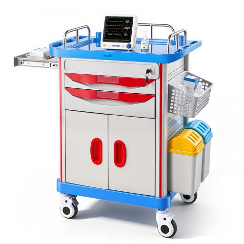 Wózek medyczny VEVOR 110 kg Wózek laboratoryjny Wózek medyczny 830 x 545 x 1020 mm, do szpitali, klinik i laboratoriów, cichy wózek transportowy z szafką, szufladami, koszem i kółkami obrotowymi 360°