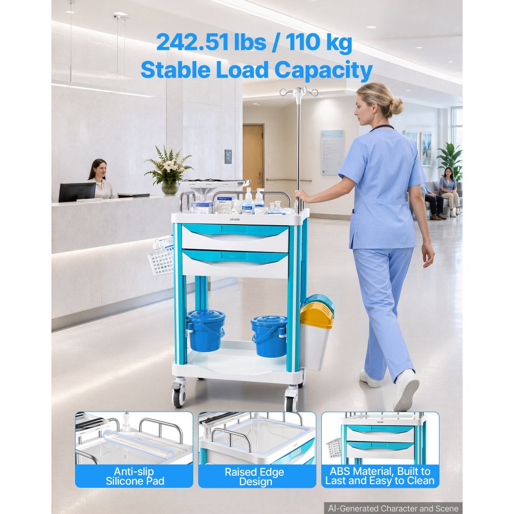 Wózek medyczny VEVOR 110 kg Wózek laboratoryjny Wózek medyczny 89 x 68 x 165 cm, do szpitali, klinik i laboratoriów, cichy wózek transportowy z 2 szufladami, obrotowy 360° i blokowanymi kołami