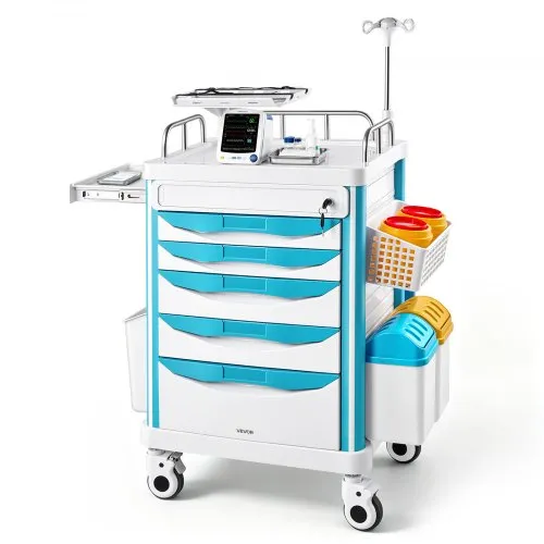 Wózek medyczny VEVOR 110 kg Wózek laboratoryjny Wózek medyczny 84 x 68 x 165 cm, do klinik, szpitali i laboratoriów, cichy wózek transportowy z 5 szufladami, obrotowy 360°, koła blokowane