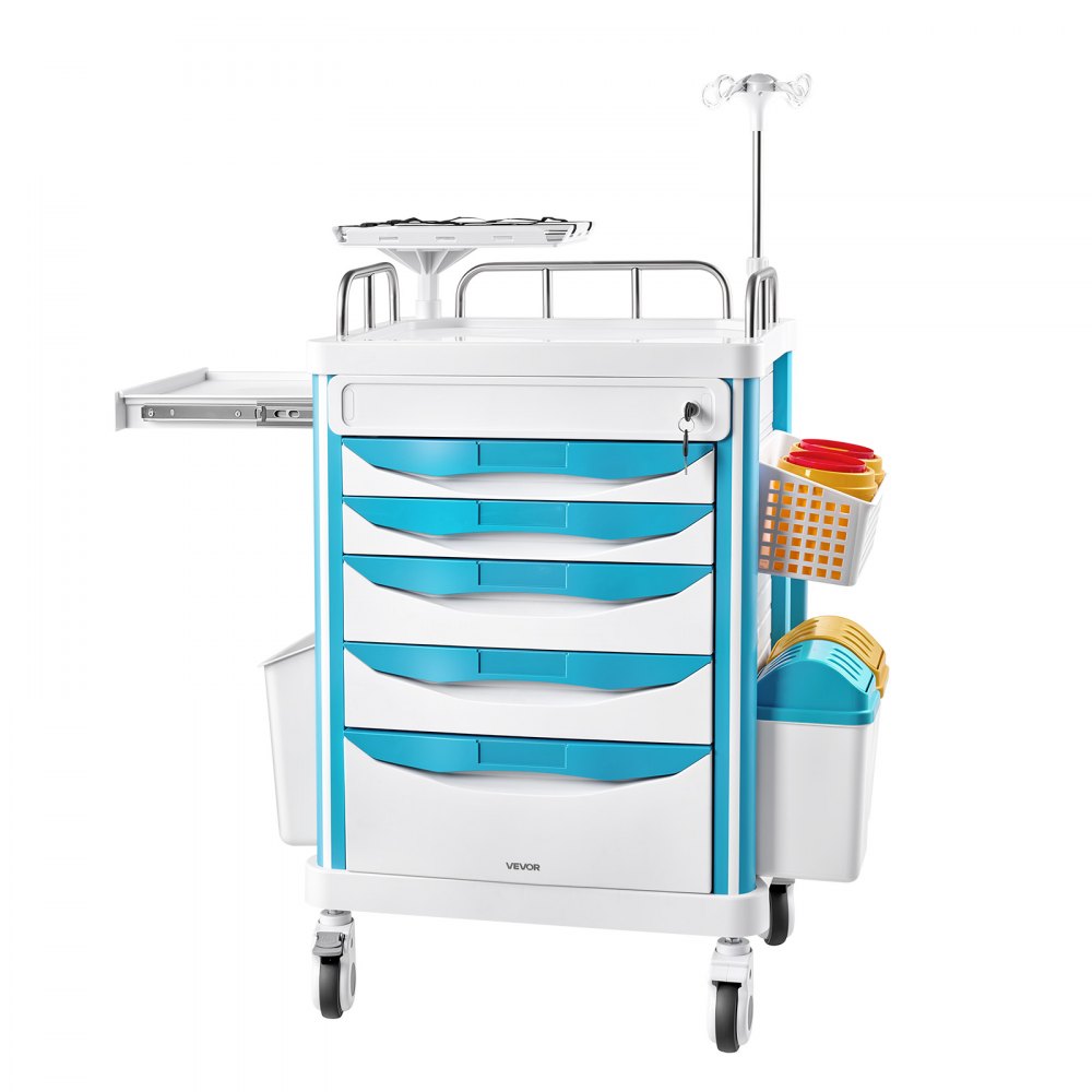Wózek medyczny VEVOR 110 kg Wózek laboratoryjny Wózek medyczny 84 x 68 x 165 cm, do klinik, szpitali i laboratoriów, cichy wózek transportowy z 5 szufladami, obrotowy 360°, koła blokowane