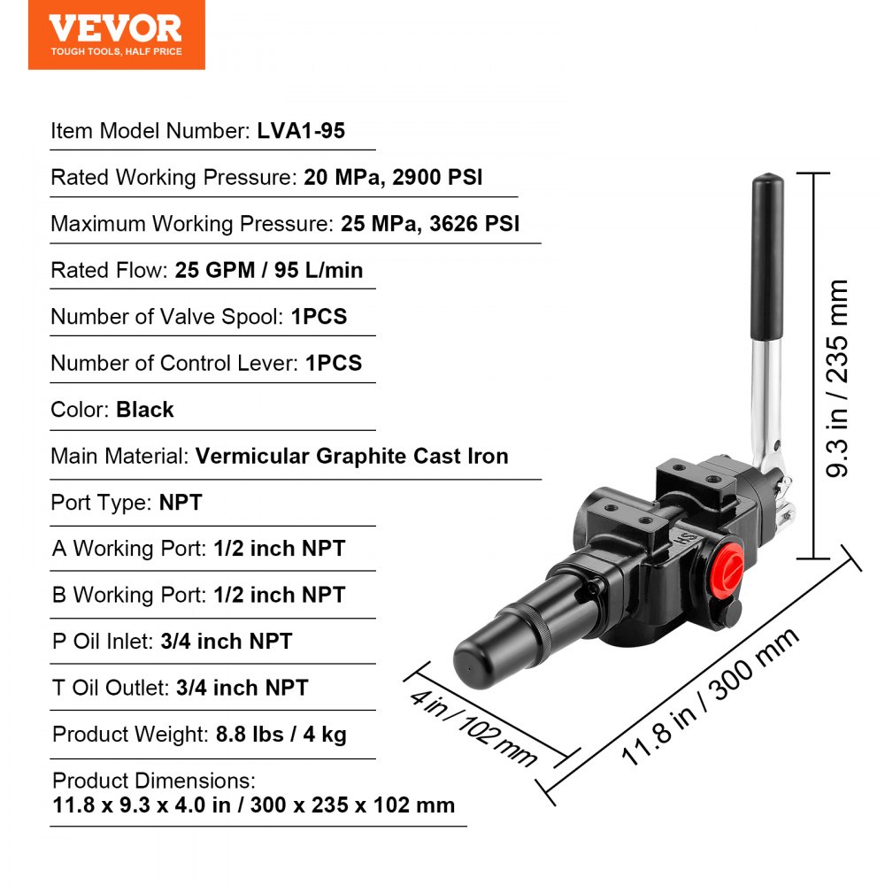 VEVOR Hydraulic Log Splitter Valve, 1 Coil, 25 GPM Hydraulic Directional Control Valve, 3626 PSI Hydraulic Loader Valve, Hydraulic Joystick Control Valve for Small Tractors, Loaders, Log Splitters