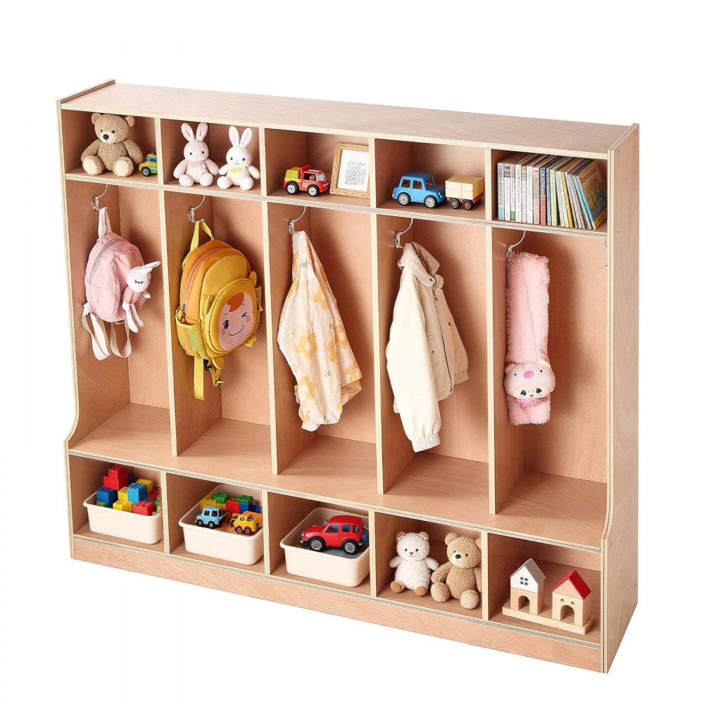 VEVOR 5-Section Kids Coat Locker, Wooden Toddler Cubby Storage Organizer with 10 Hooks & Non-Slip Mat, Modern Kid Coat Cubbies with 10 Small Open Storage Boxes for Home, Kindergarten, Daycare, Natural