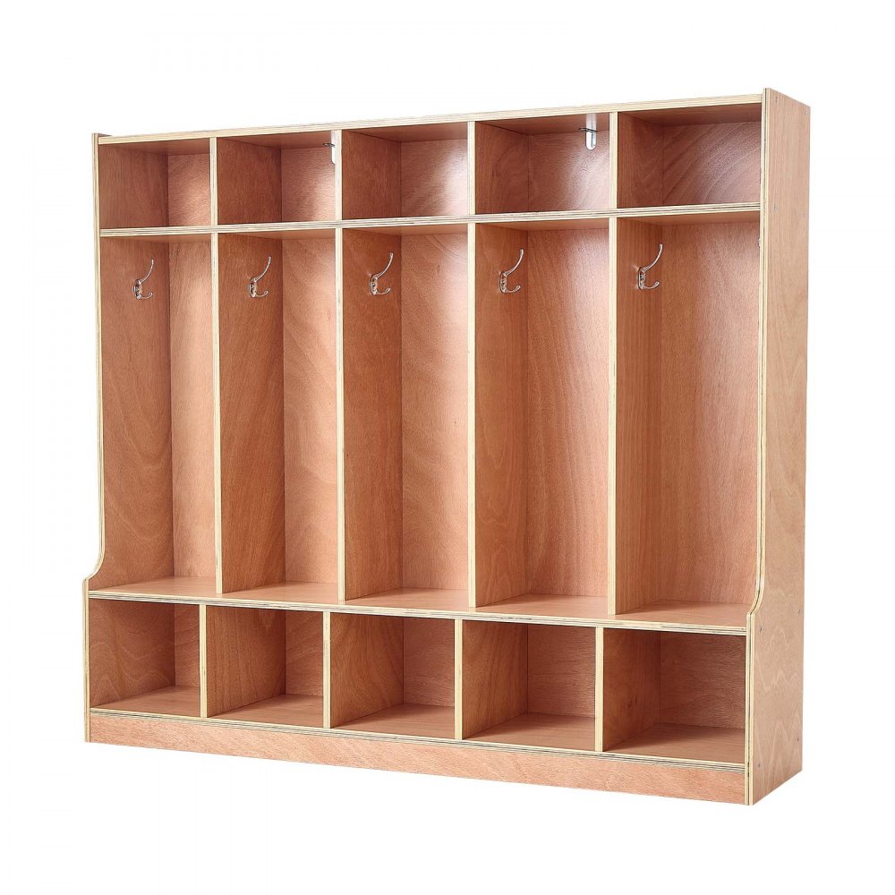 VEVOR 5-Section Kids Coat Locker, Wooden Toddler Cubby Storage Organizer with 10 Hooks & Non-Slip Mat, Modern Kid Coat Cubbies with 10 Small Open Storage Boxes for Home, Kindergarten, Daycare, Natural