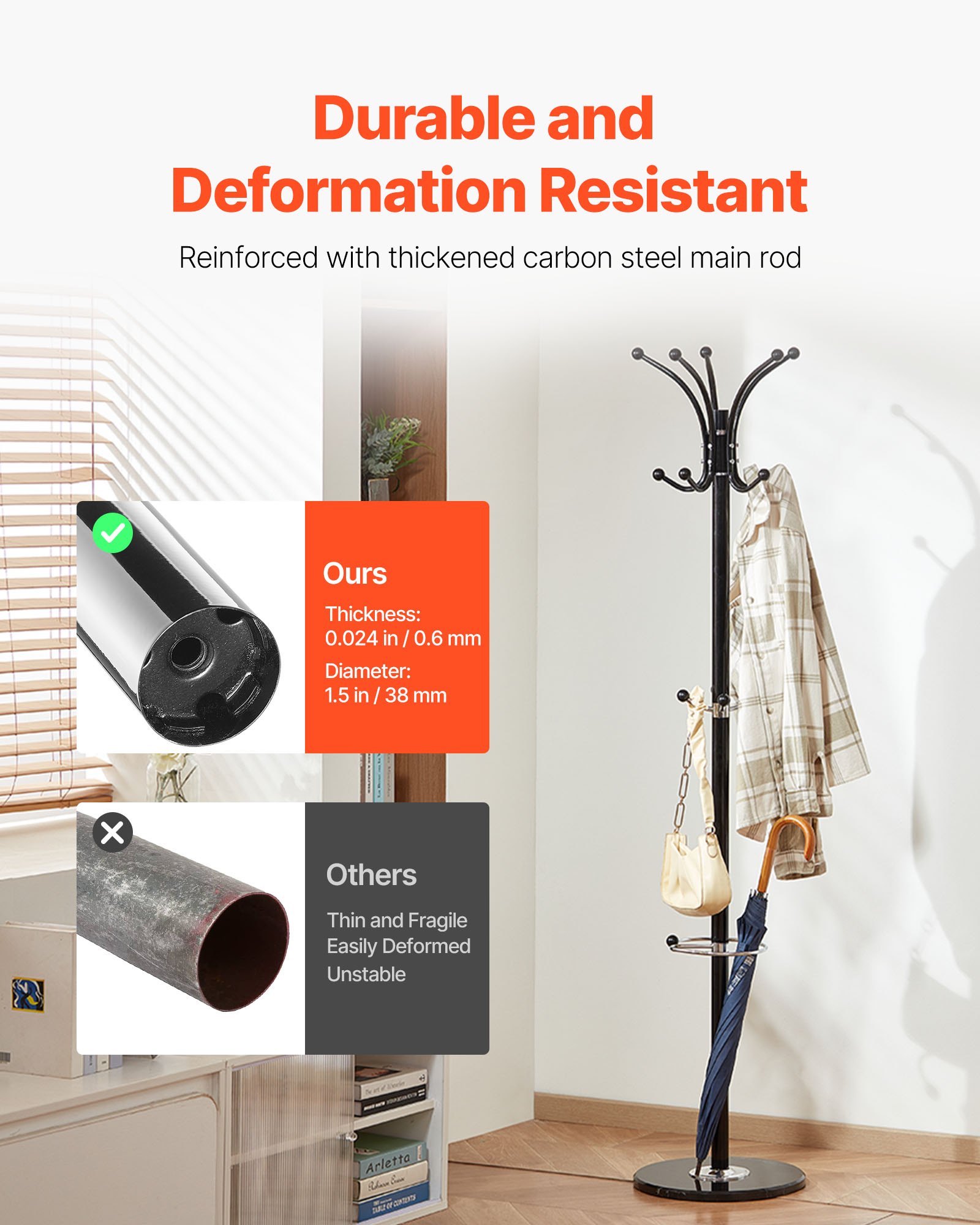 Wieszak na ubrania VEVOR, 176 cm, z uchwytem na parasole, solidna marmurowa podstawa i 14 haczyków, wieszak na kurtki do przedpokoju, salonu, wieszak na czapki, szaliki, torby