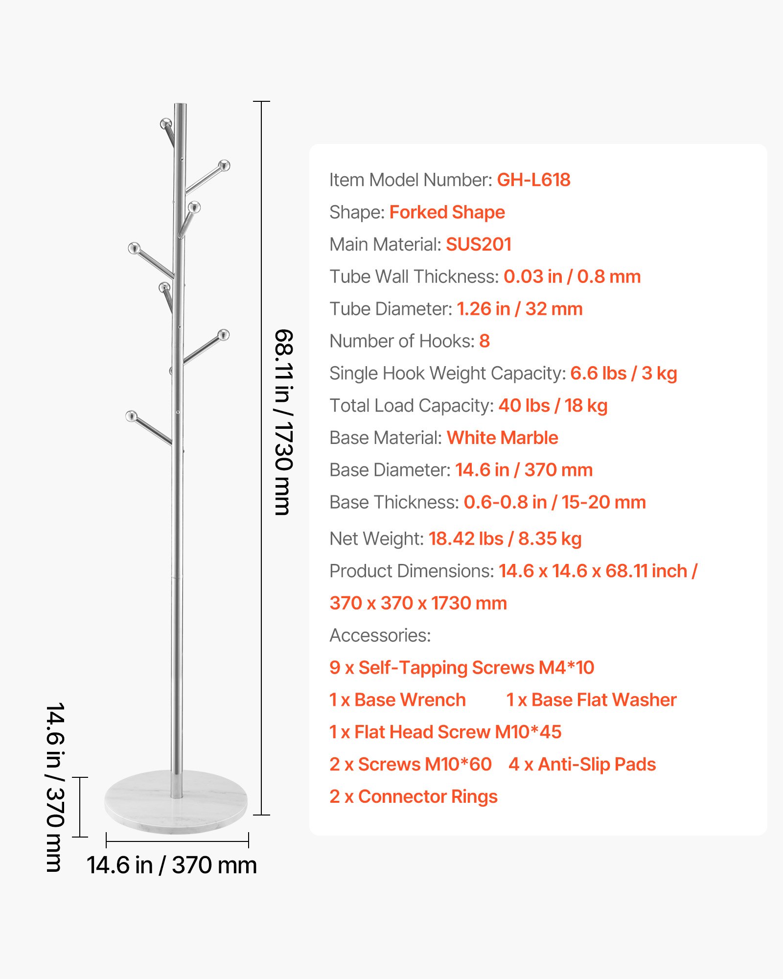 Wieszak na ubrania VEVOR, 370x370x1730 mm, z solidną marmurową podstawą i 8 haczykami, wieszak w kształcie drzewa do przedpokoju, biura, salonu, drążek na ubrania na płaszcze i kapelusze