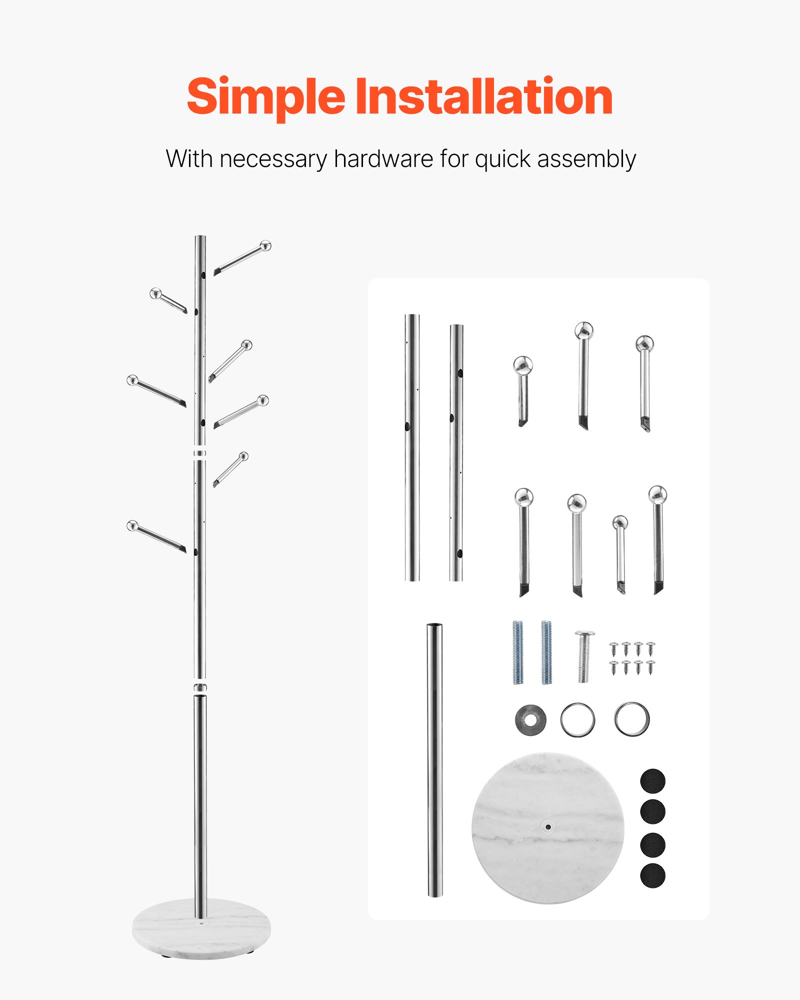 VEVOR Coat Rack, Freestanding Coats Rack Stand with Stable Marble Base & 8 Hooks, Free Standing Hall Coat Tree for Entryway, Bedroom, Office, Living Room, Modern Clothes Hanger for Coats, Hats, Bags